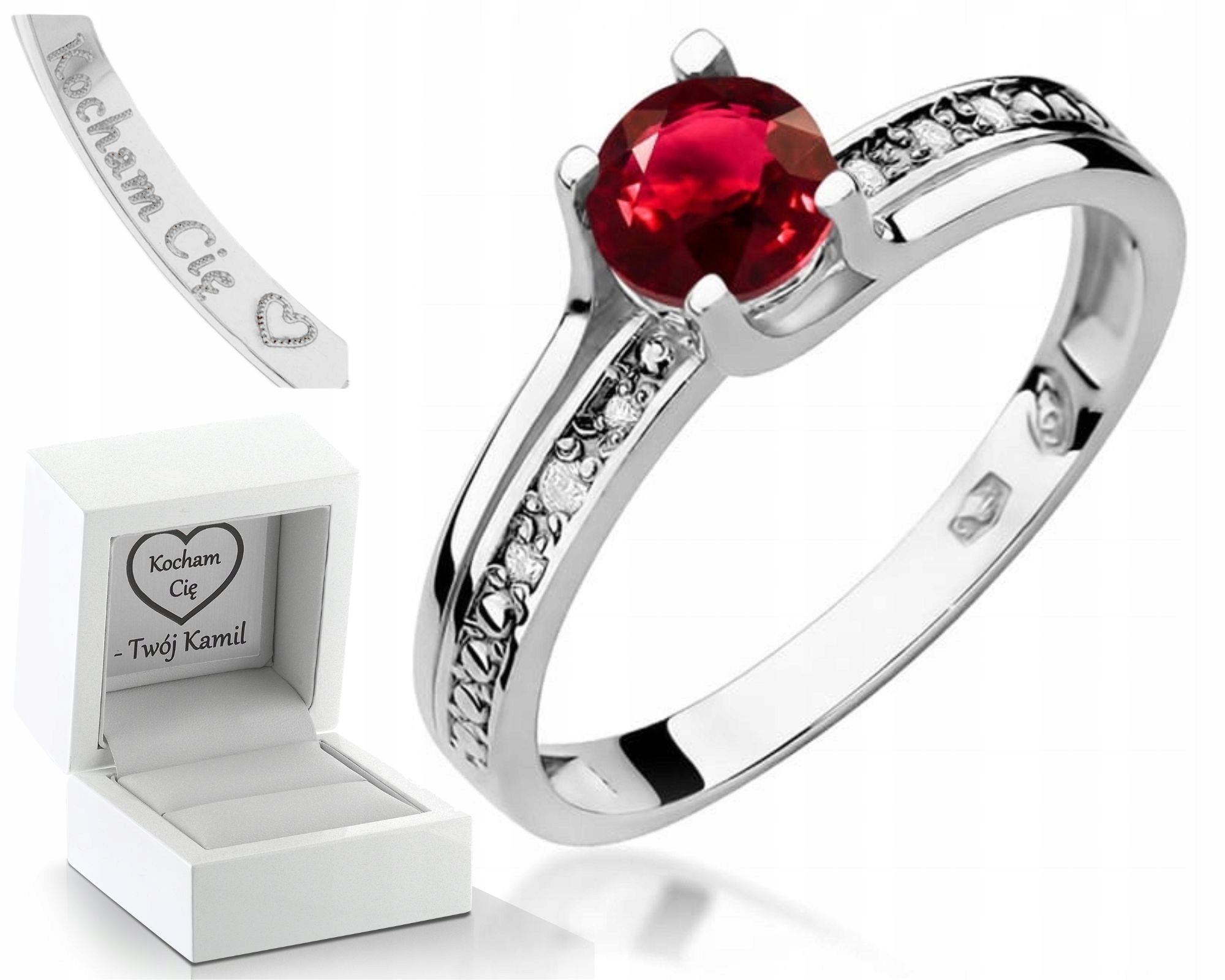 Zlatý Prstýnek Prsten S Rubín , Diamanty, Bílé Zlato 585, Dárek , Gravírování