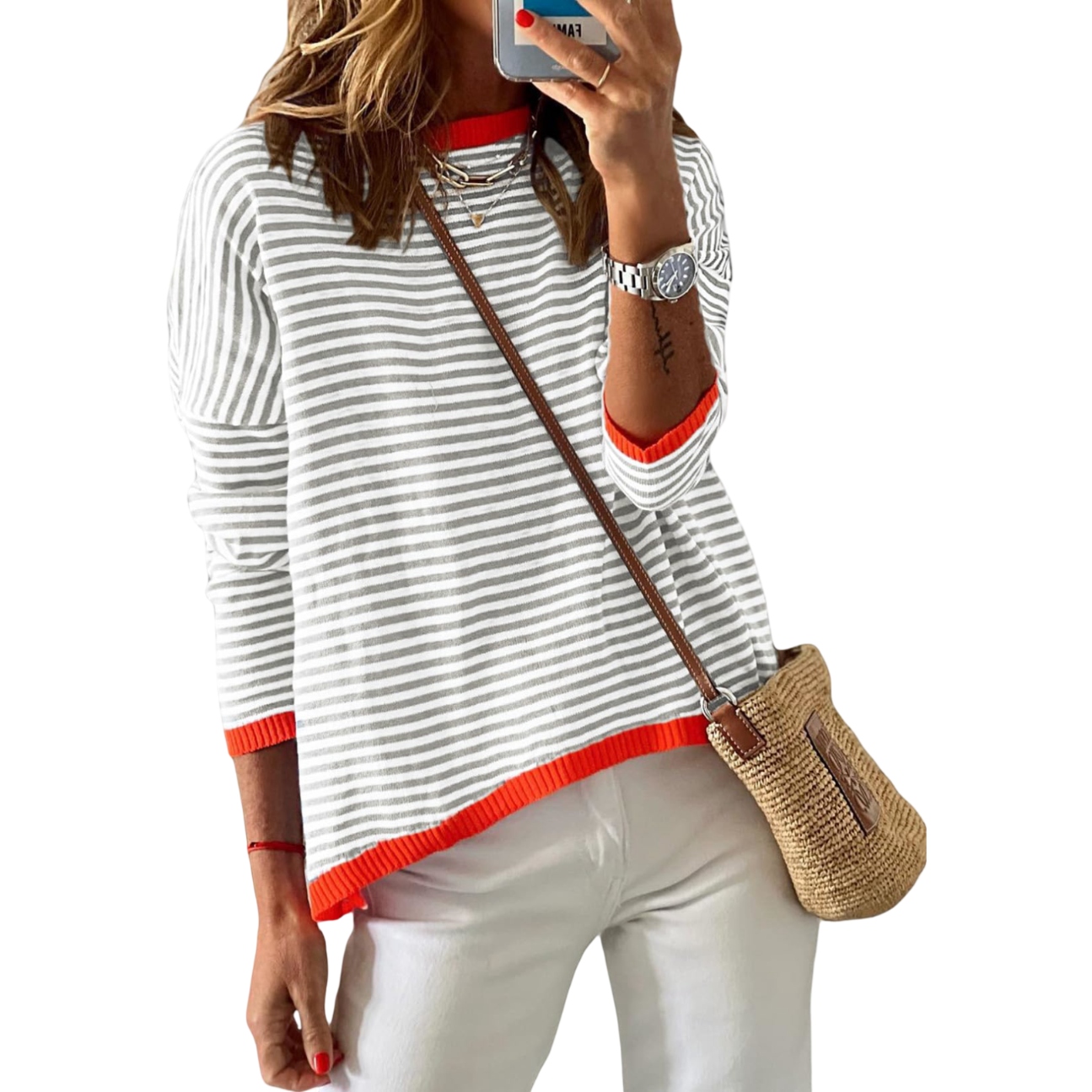 Dámský svetr s pruhy Bavlna Kulatý Výstřih Teplý Šedý Bílý Vintage M