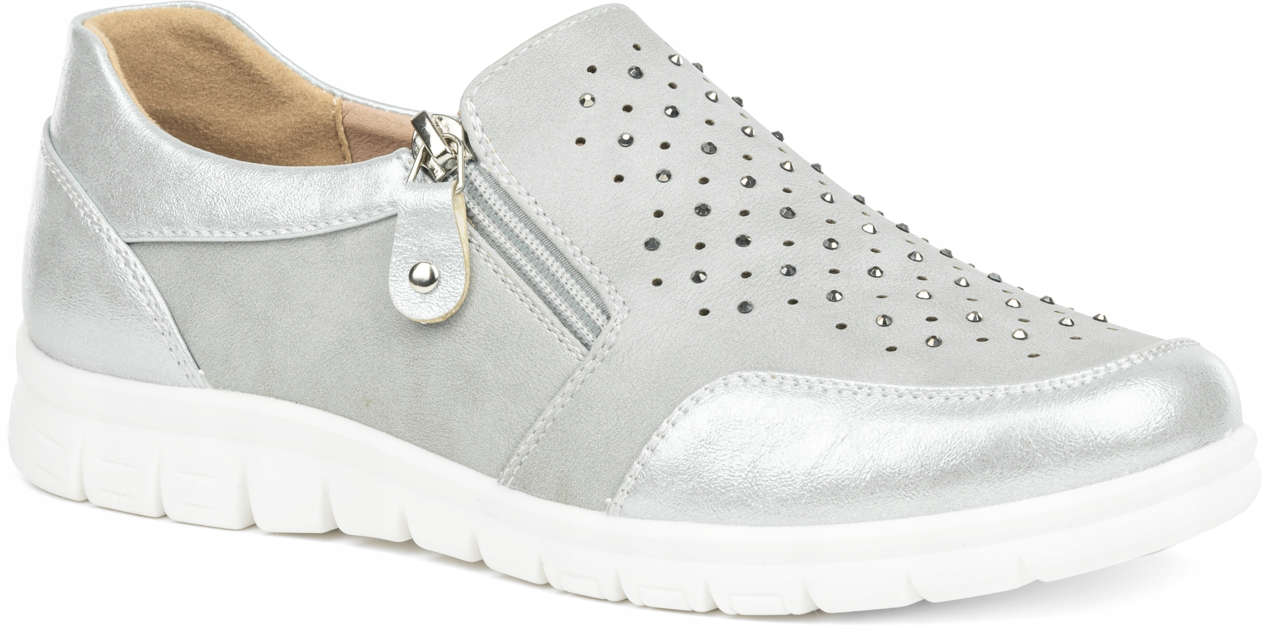 Dámské ažurové polobotky stříbrné, šedé, s zirkony, kůže Wojtyłko 37