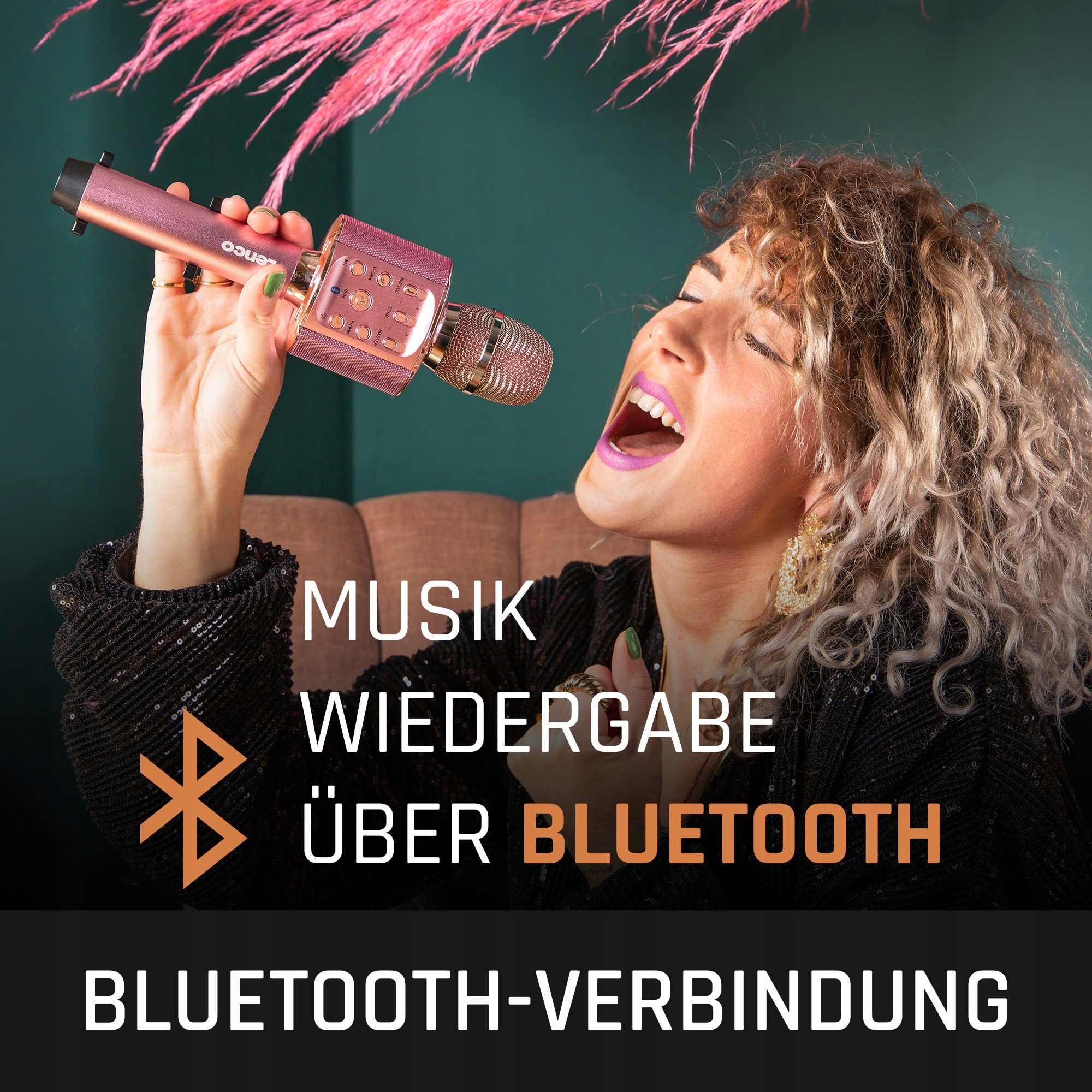 LENCO Karaoke Mikrofon Bluetooth LED Różowy Smartfon Android iOS — miniatura 5