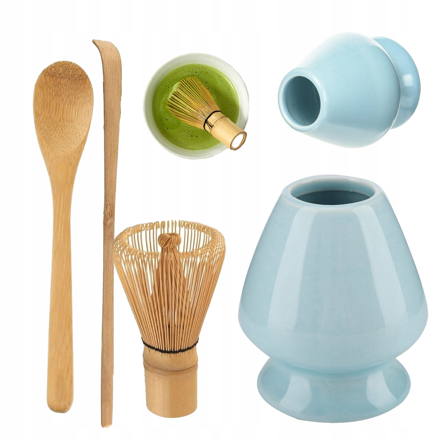 Levně Sada Na Matchu Bambusový Keramický Stojan Šlehací Metla Lžička 4 Prvky