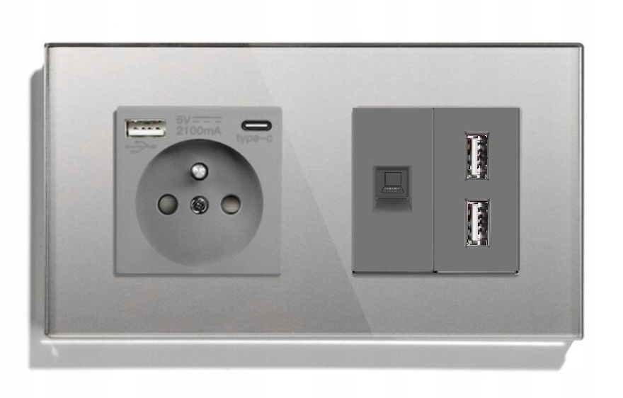 Elektrická Dvojitá Skleněná Zásuvka 2F 157 mm Usb A+c Internet RJ45 CAT5e