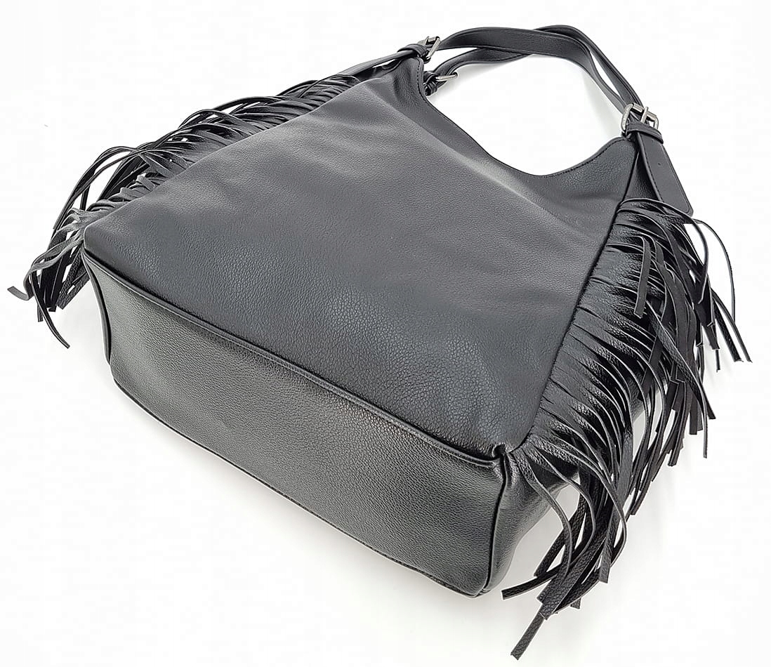 Czarny pojemny worek torebka damska z frędzlami Płeć kobieta