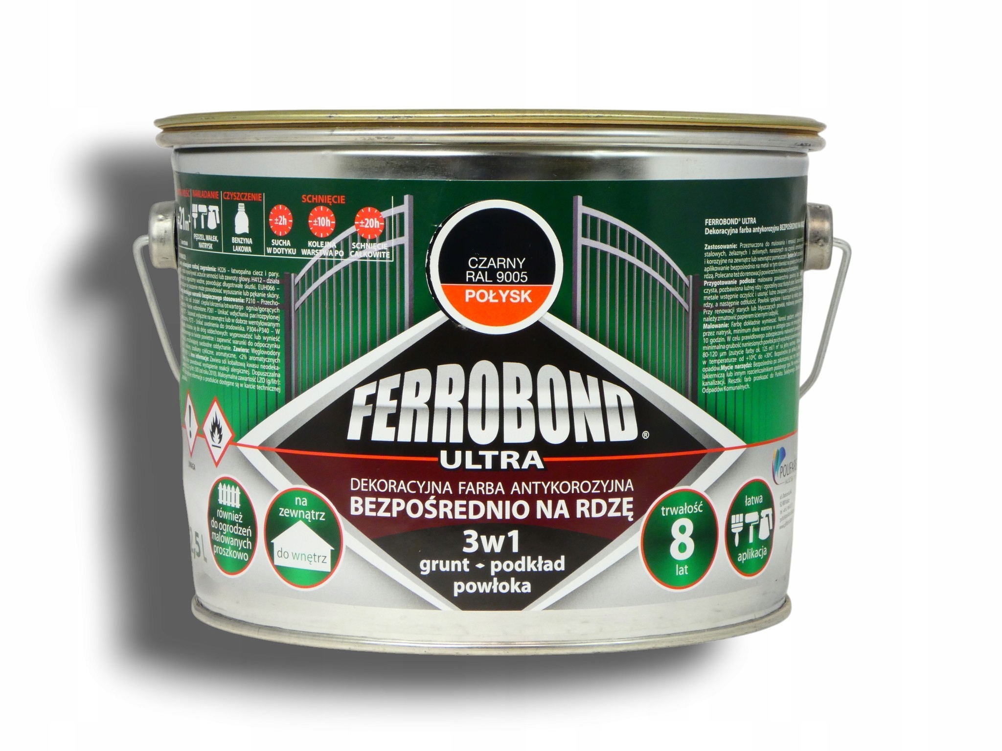 Farba antykorozyjna na rdzę 3w1 Ferrobond Ultra RAL9005 Czarny połysk 2,5 L