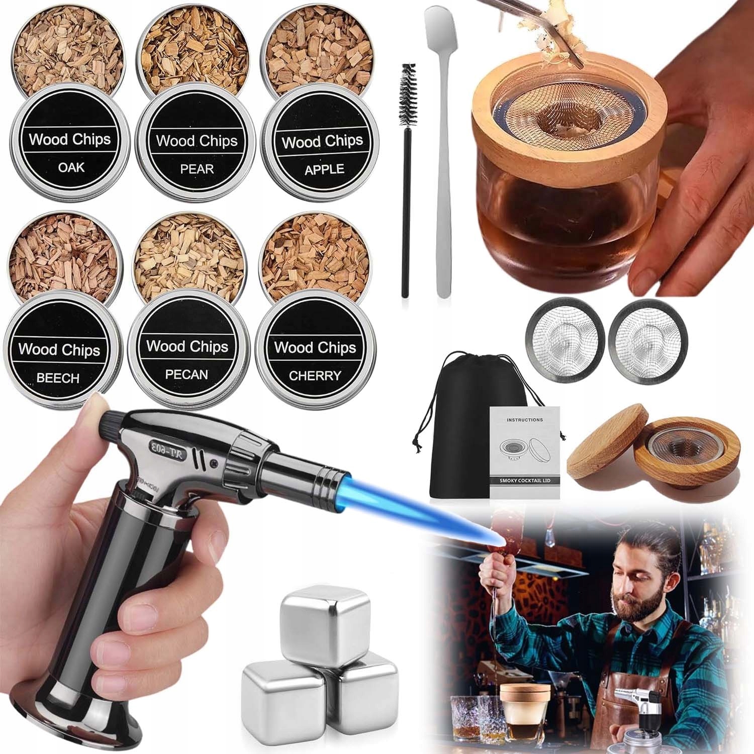 Sada Na Uzení Whisky Smoker Gadget Dárek Pro Přítele Muže 8KS