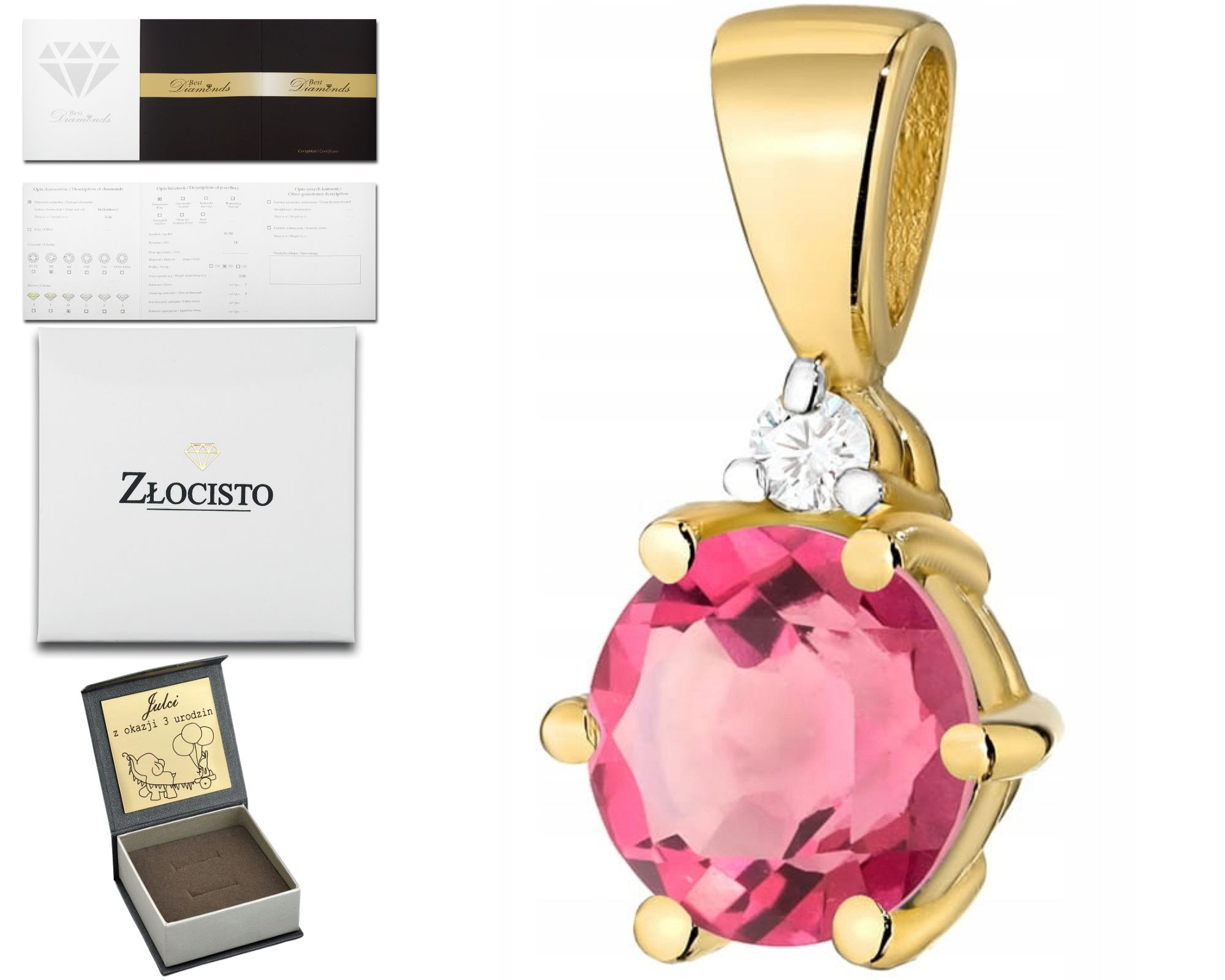 Zlatý Přívěsek Přírodní Kámen Růžový Topaz A Diamant 585 Dárek