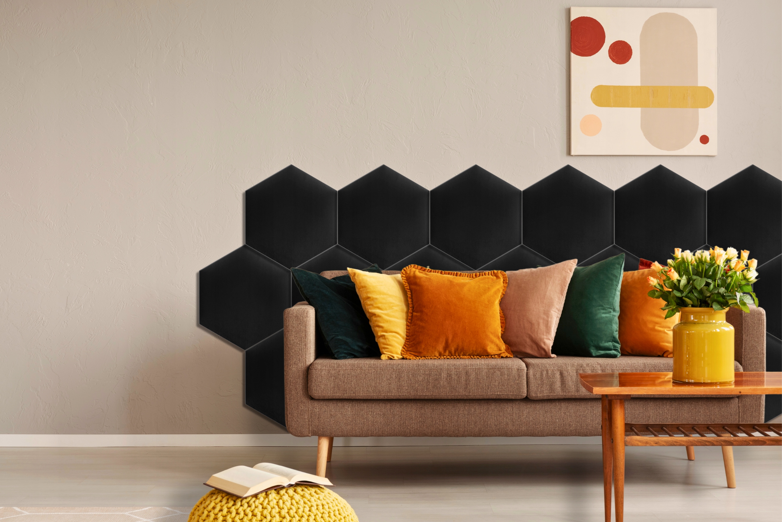 Panele Ścienne Tapicerowane WELUR PLUSZ GRAFITOWY Heksagon 30x26 H15 Miękki Kolor obicia grafitowy