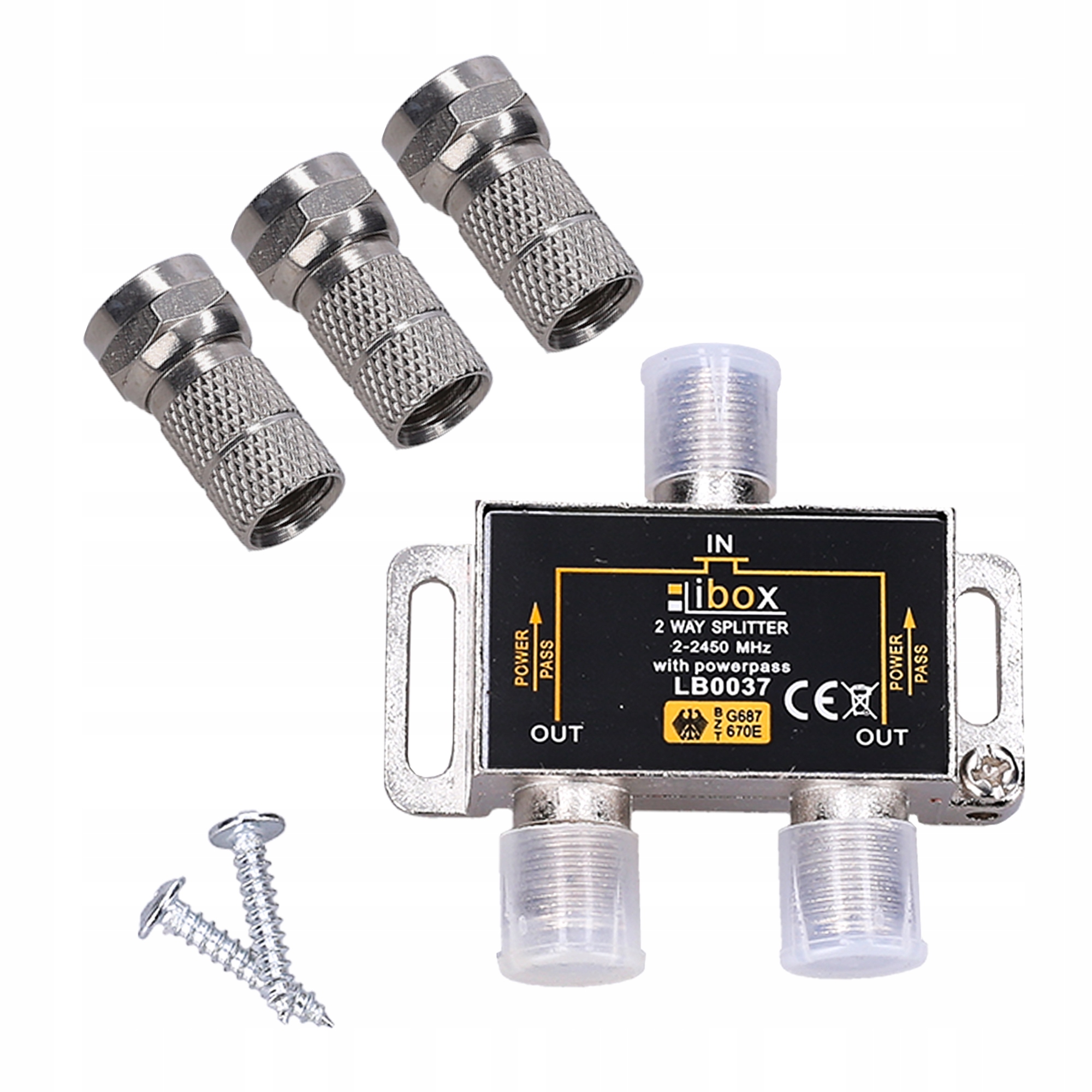 SPLITTER SYGNAŁU TV + WTYKI TYPU F 6,8mm 3 szt