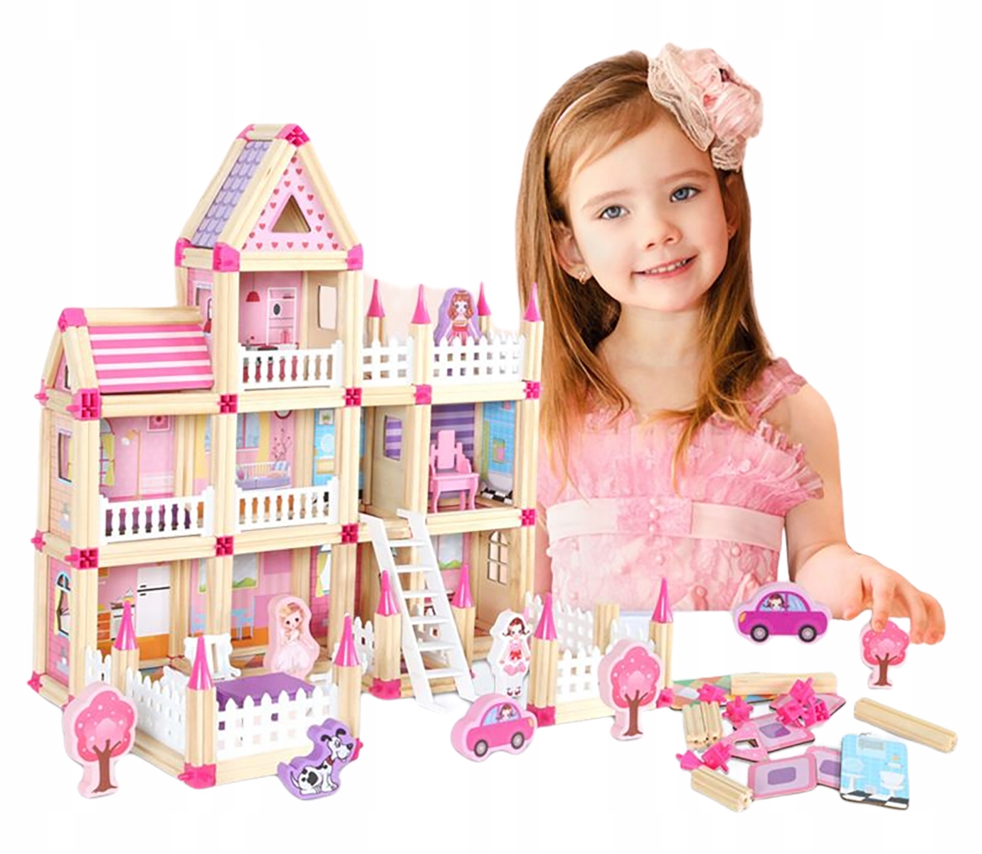 

Drewniany Domek Diy Klocki Do Budowy Zamek 298 El.