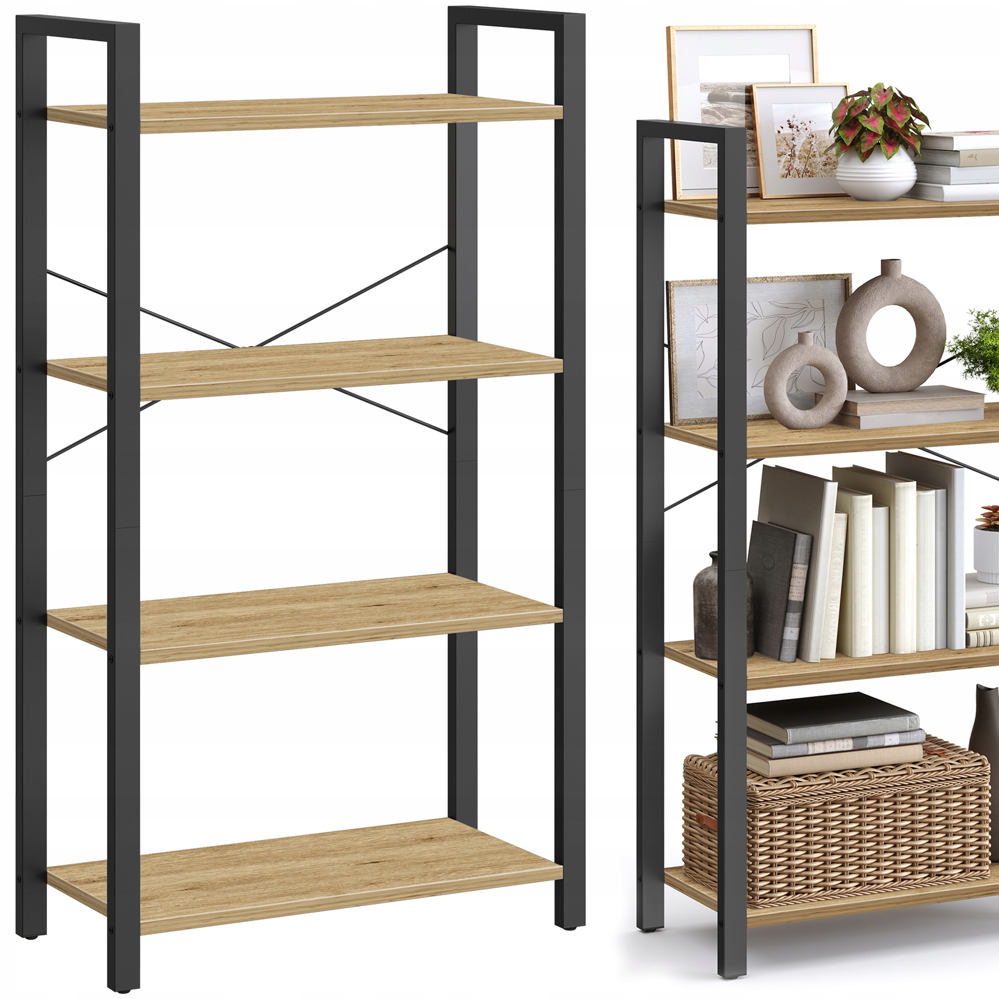 Regał na Książki Półka do Salonu Industrialny 4 Półki Loft Dąb Artisan