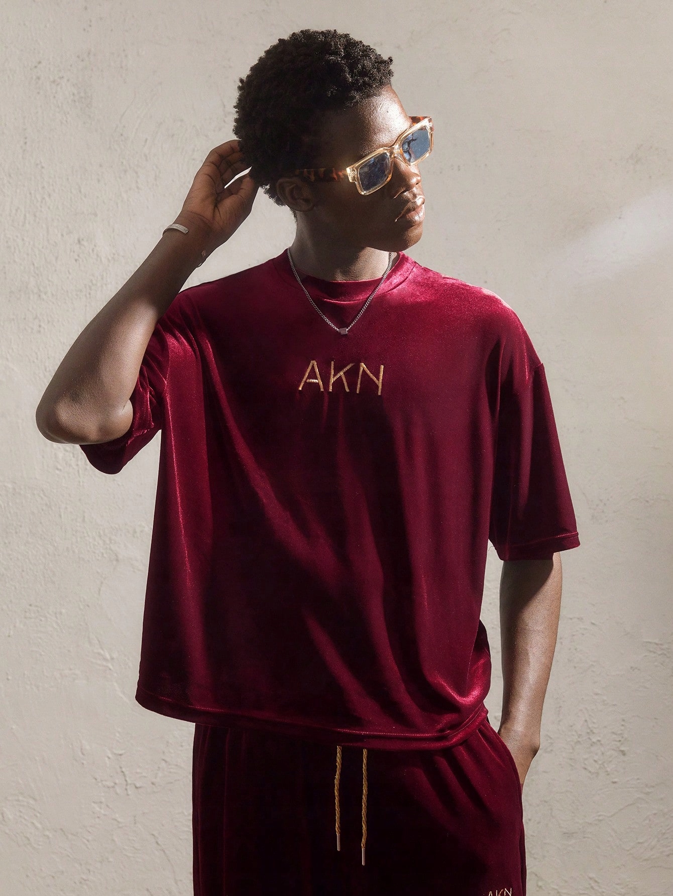 Pánský Volný Vínově Vínový Sametový Komplet S Výšivkou Shein M