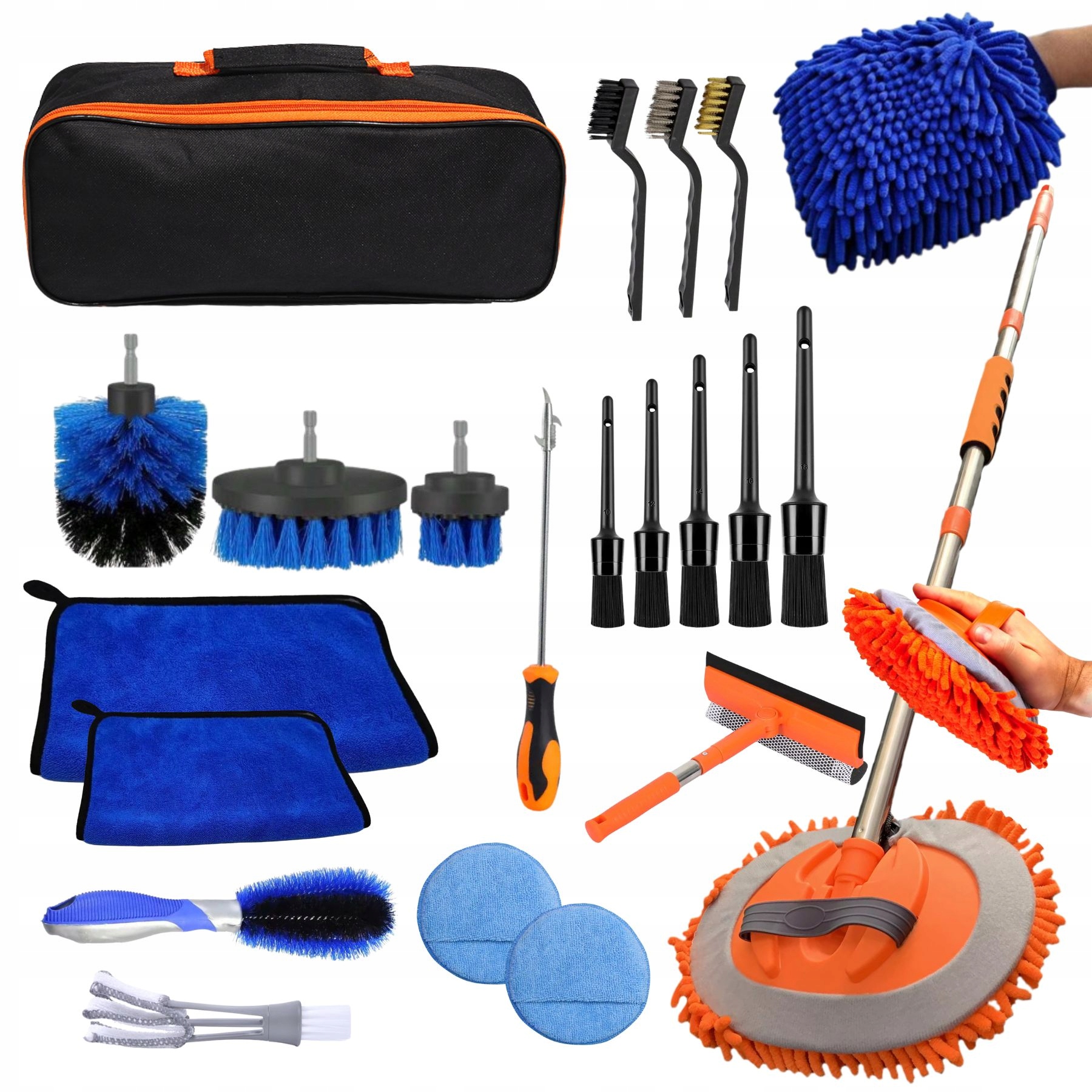 Sada na čištění auta 22 set, mop na mytí aut na podrobné mytí 120 cm přenosná taška
