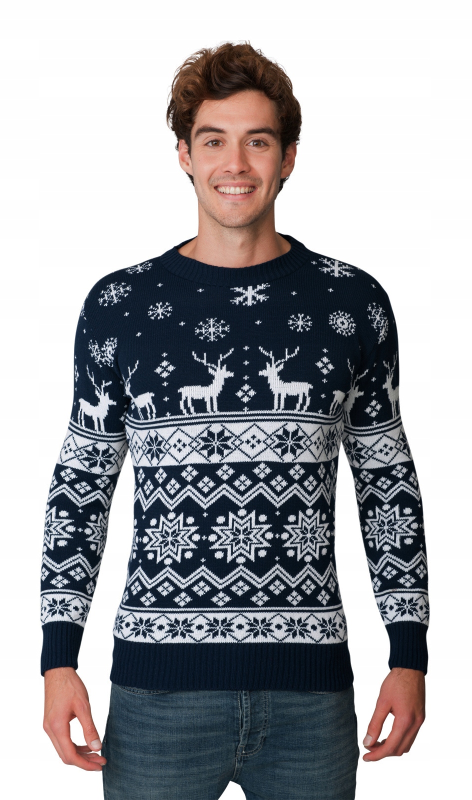 NORWESKI SWETER ŚWIĄTECZNY RENIFERY GRANATOWY XL Dekolt okrągły