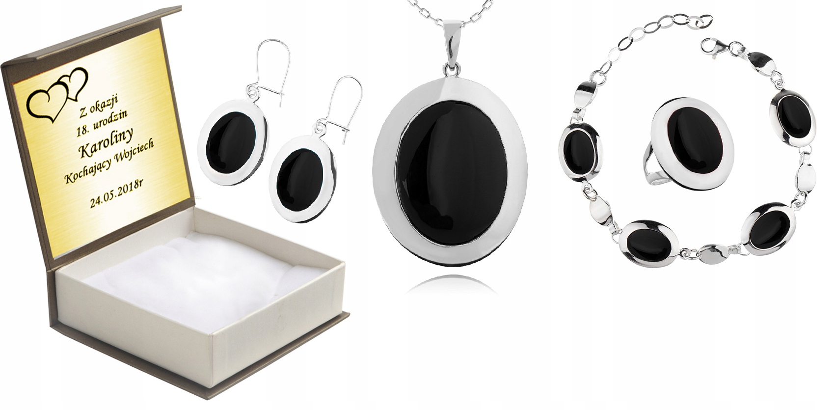 

Komplet Biżuterii Srebrnej Z Onyksami + Grawer