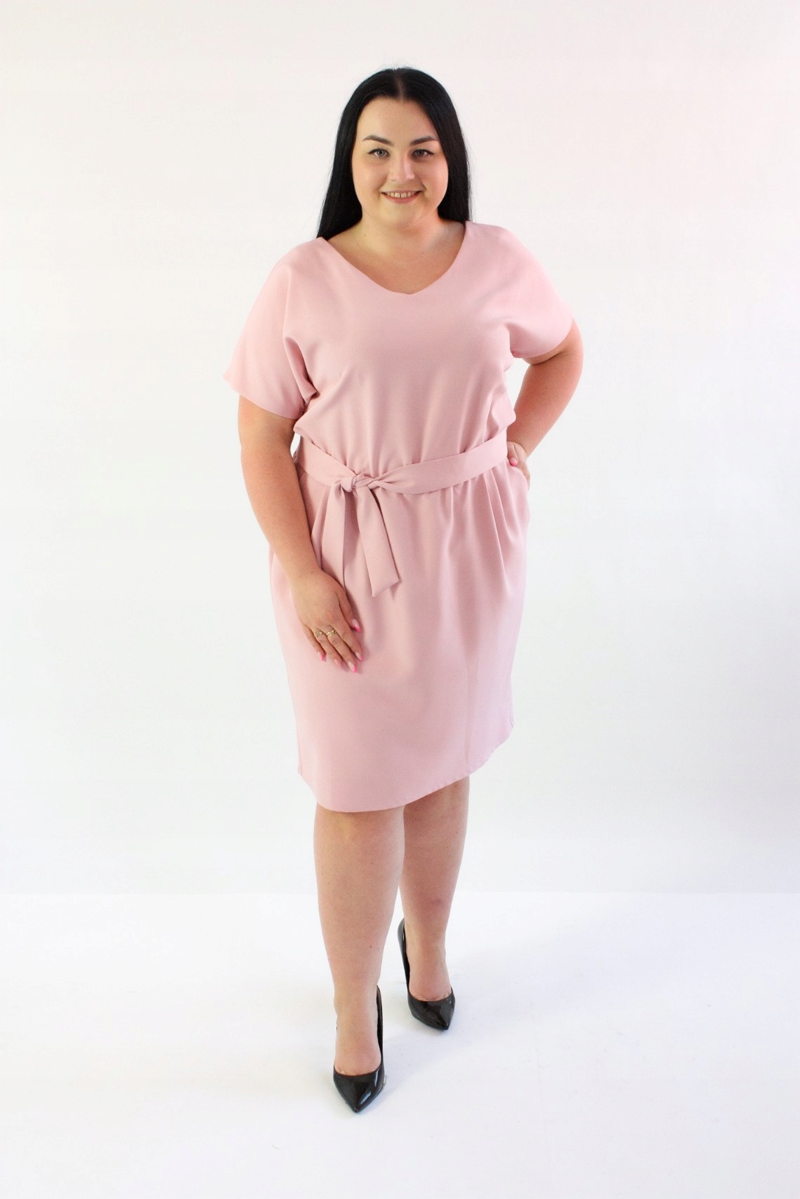 Elegantní šaty s proužkem Pudrově růžová 48