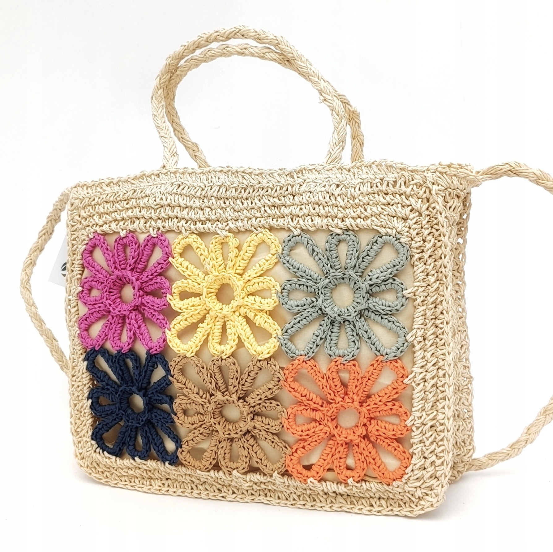 Torebka pleciona koszyk listonoszka z rafii kwiaty [KOLOR Ecru] Marka inna