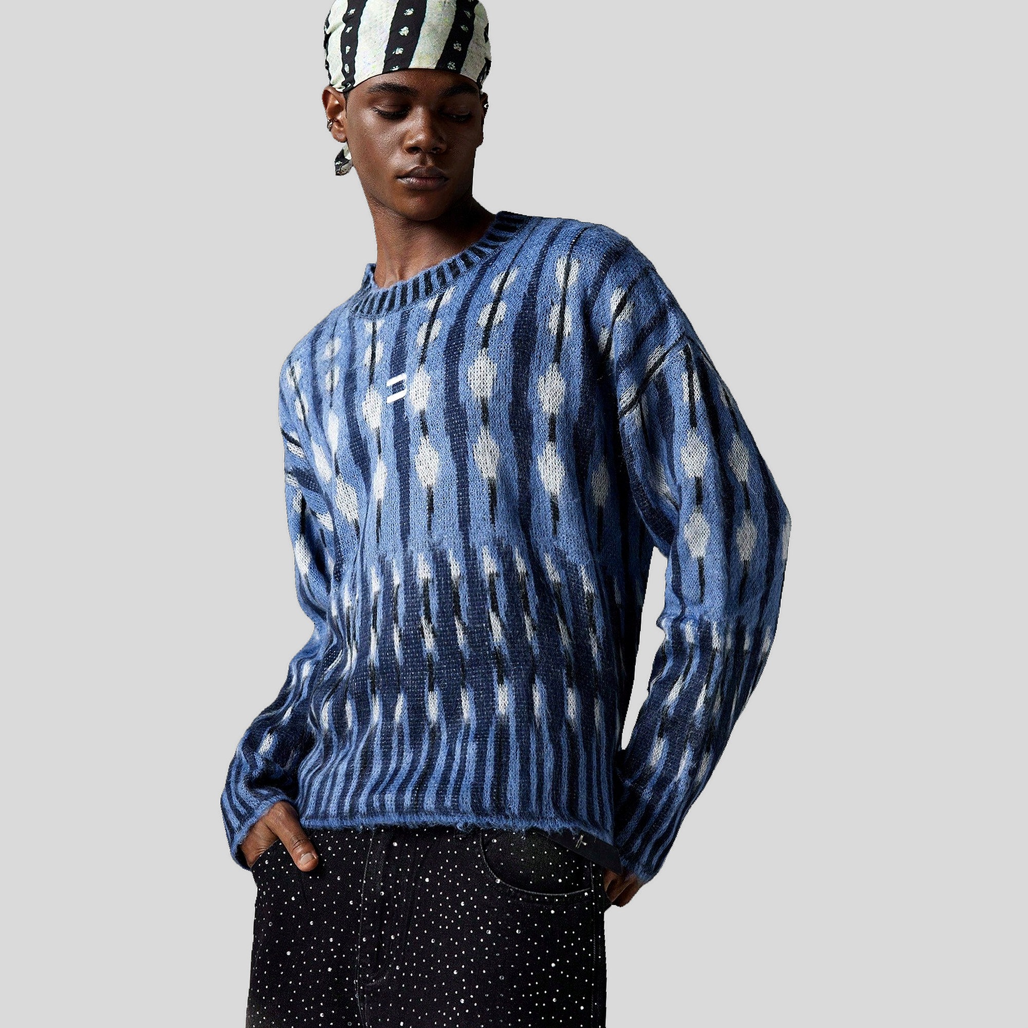 Pánský Svetr Oversize Modrý Vzorovaný Kulatý dekolt Neon Blanc S
