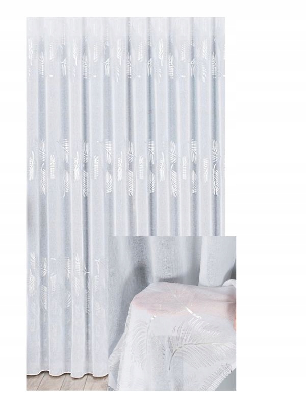 Záclona zdobená bílým stříbrným listem Batist Páska na žabky Tunel š.140x150