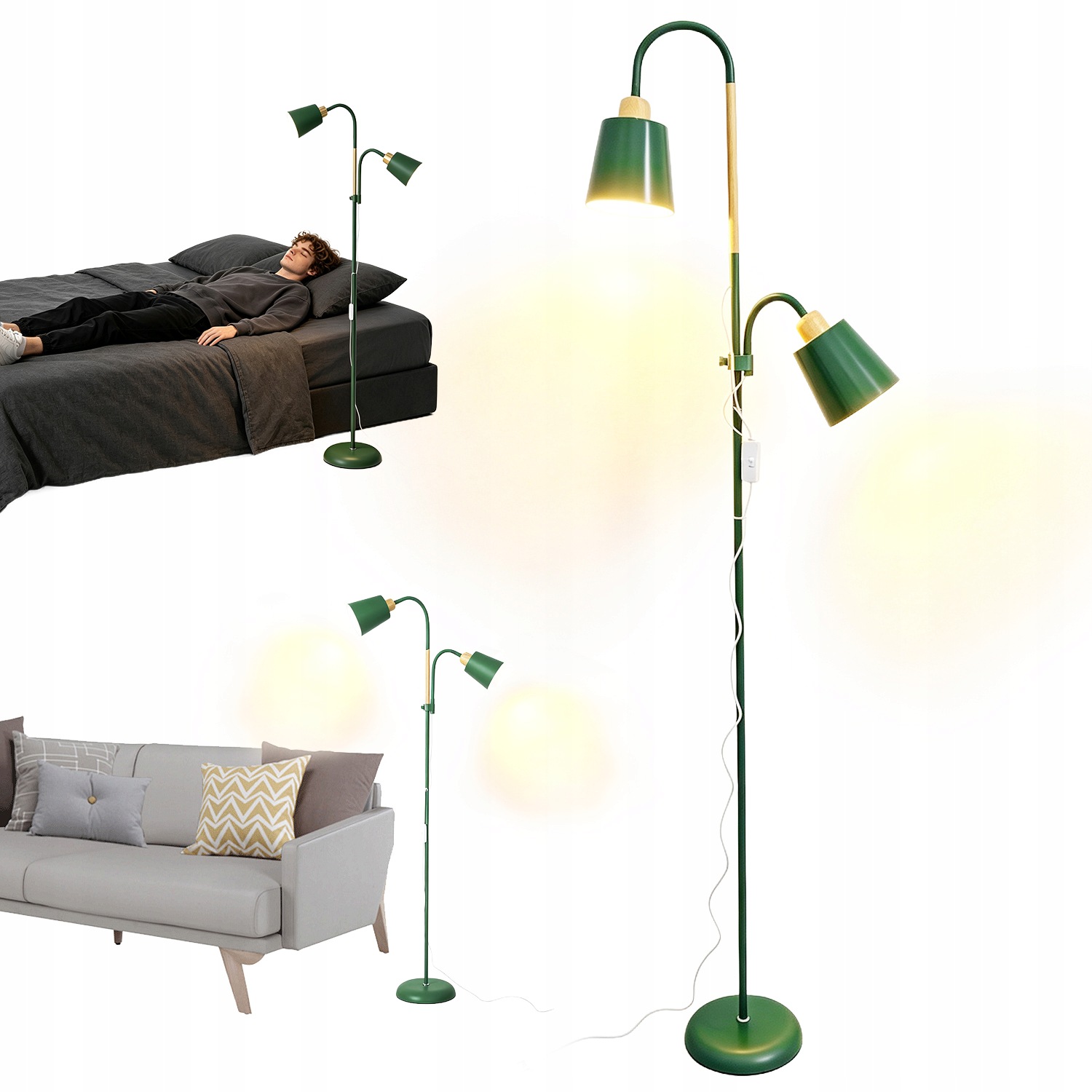 Stojací lampa Podlahová Zelená Nastavitelná 160 cm na 2x E27 Led Vypínač