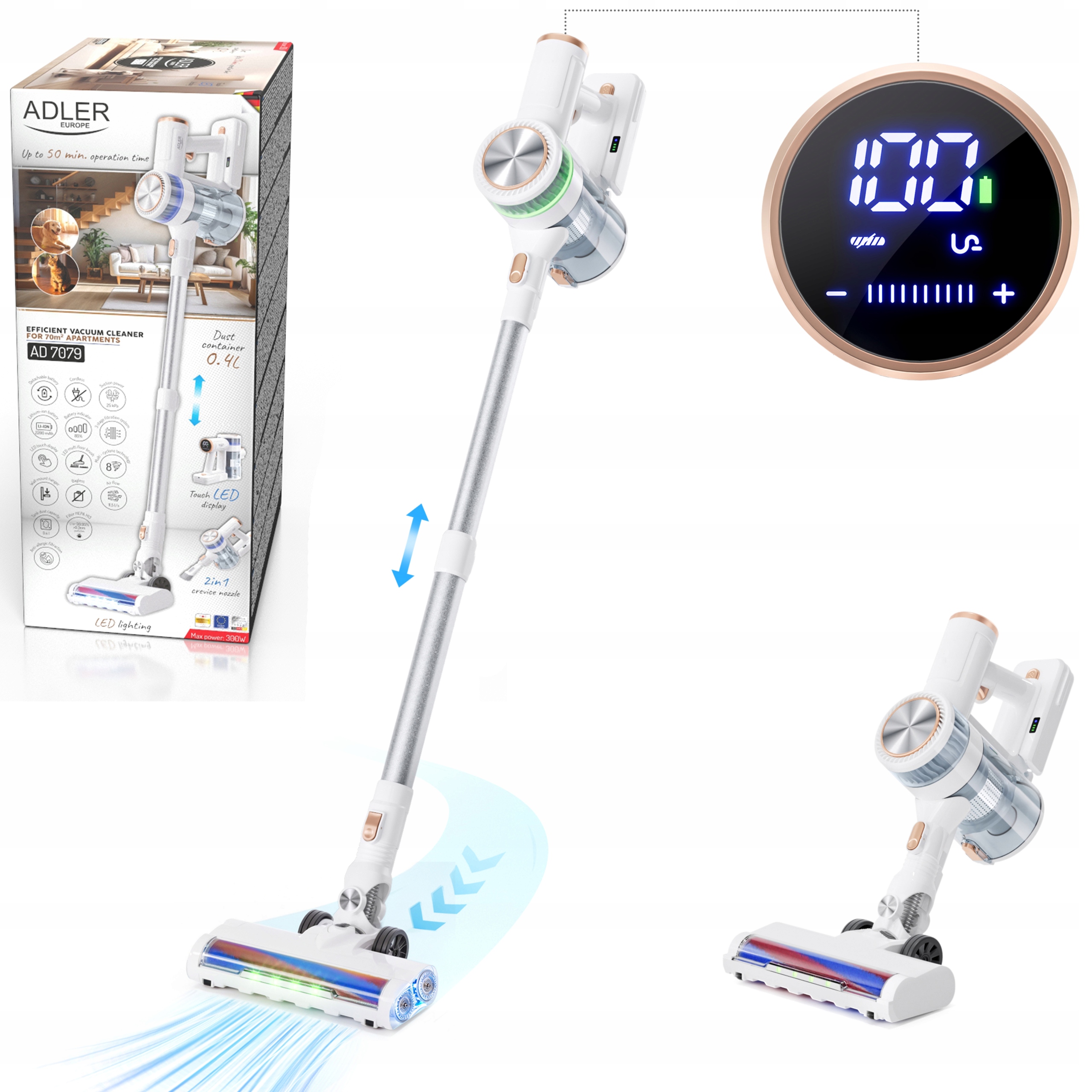 Odkurzacz pionowy Adler Ad 7079 Silnik bezszczotkowy Hepa 13 Do 70 m2 Biały