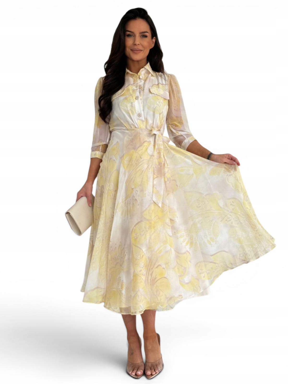 N472Elegantní šaty Midi Plus Size, velikost 44, barva citron