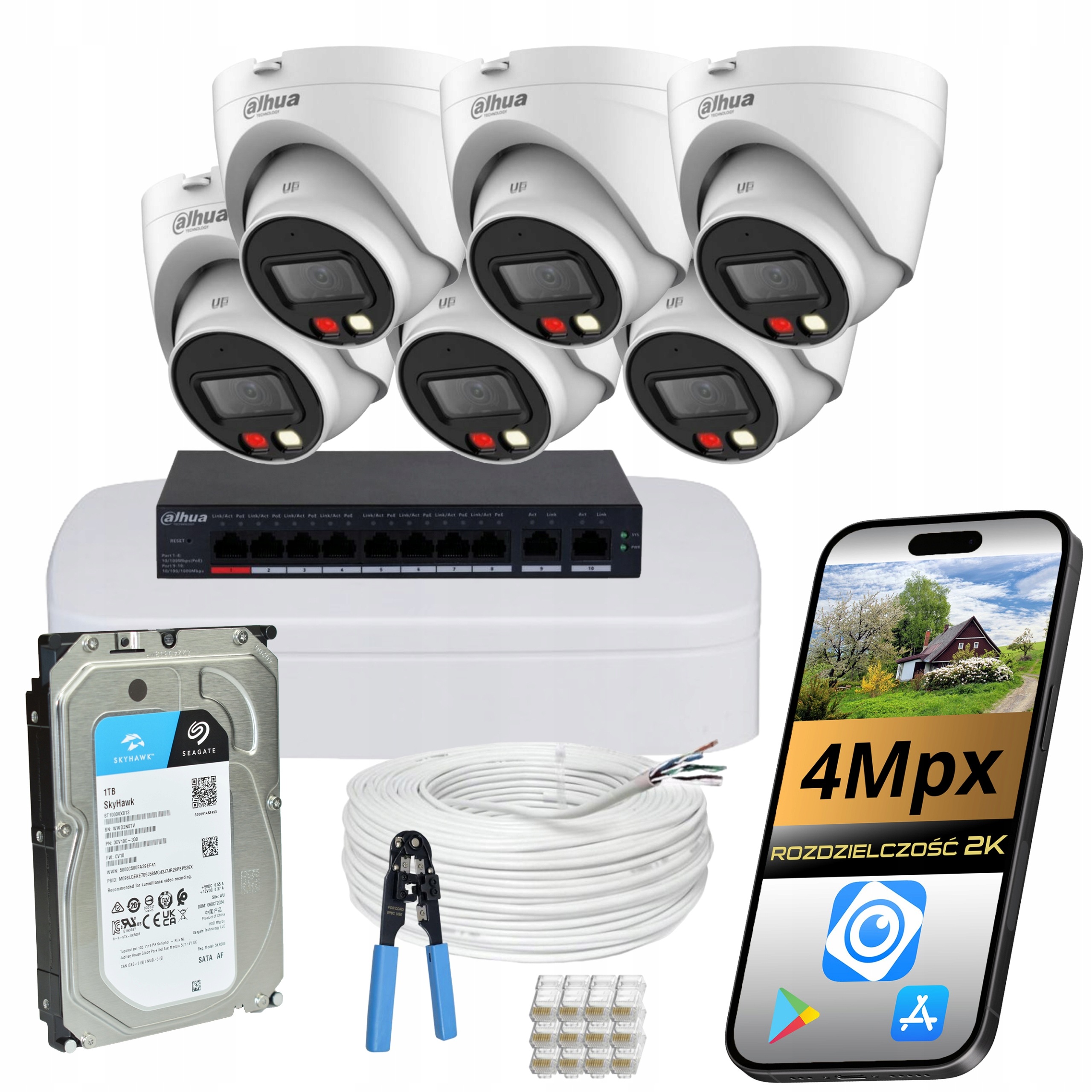Kompletná sada Dahua 6 Ip kamier PoE 4Mpx Dual Light disk 1TB Mikrofón