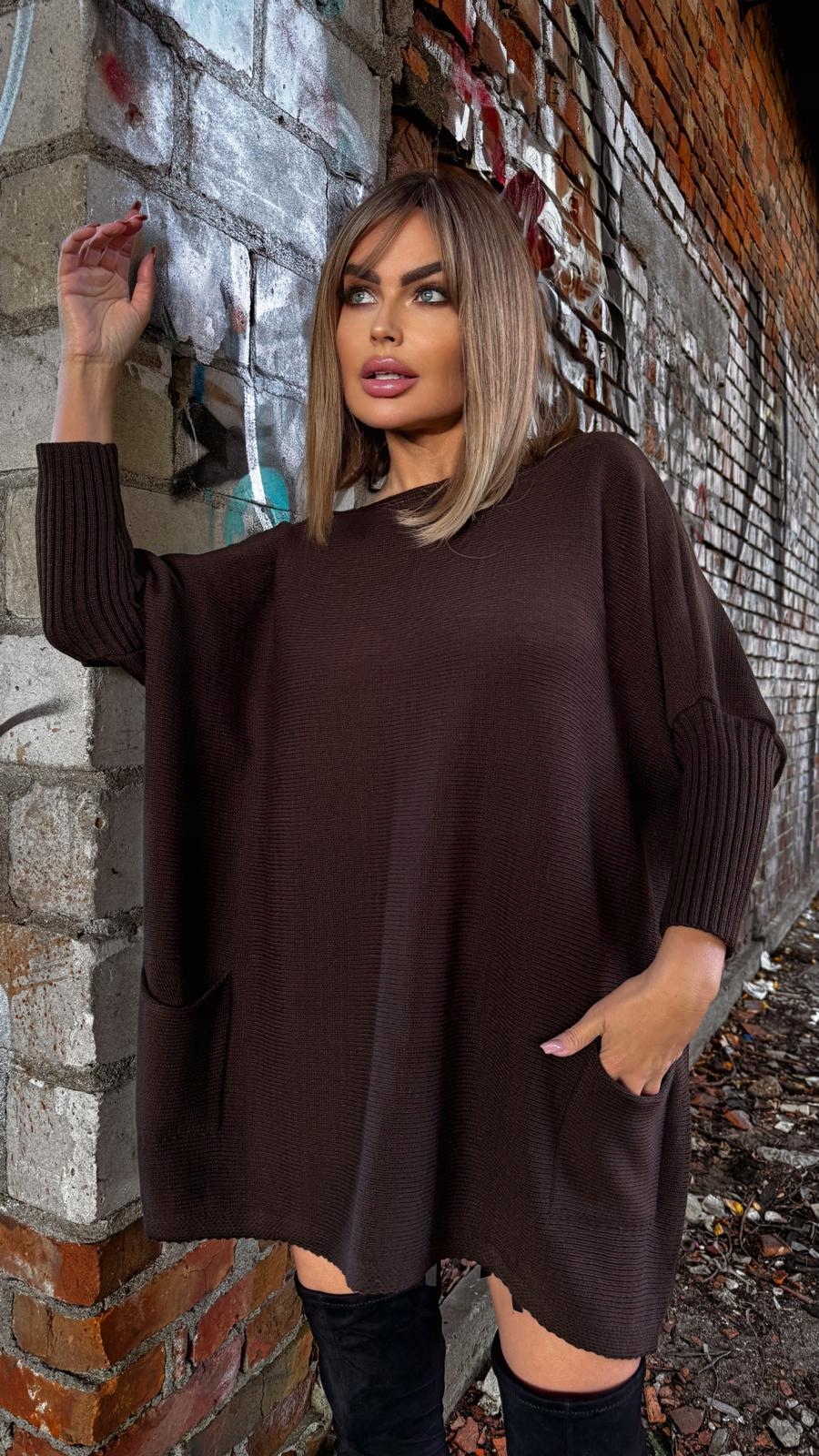 Velký oversize svetr plus size Nobis hnědý čokoládový