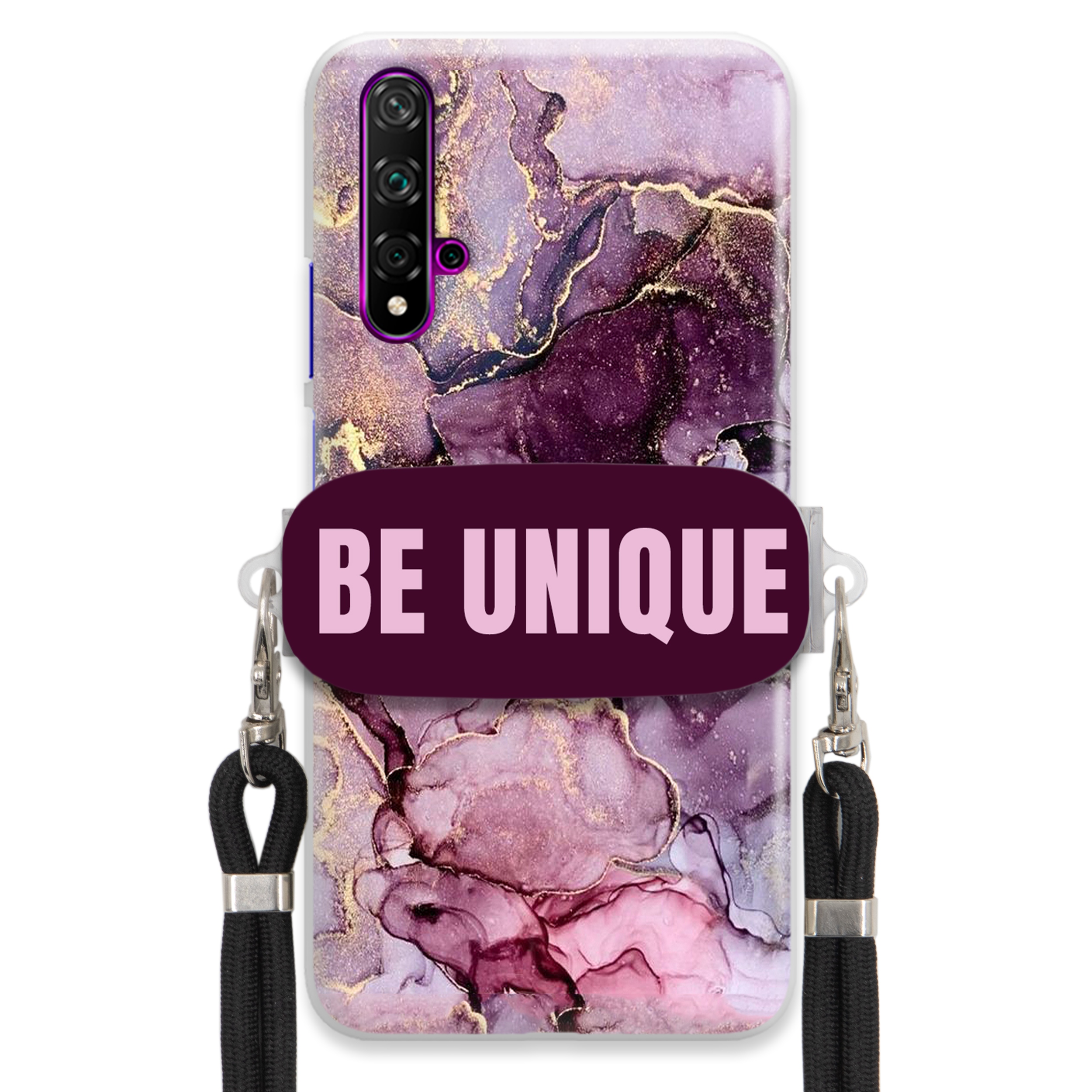 Prémiové puzdro pre Huawei Nova 5 Case Uchywt Šnúrka Čierna Fialová Mramor