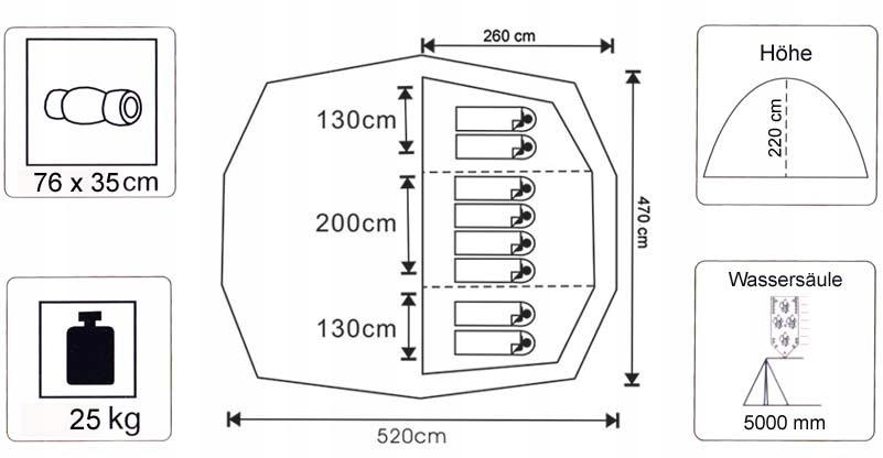 Duży Turystyczny Namiot ORLANDO 8 osobowy 5000mm Podłoga zintegrowana Cechy dodatkowe kieszenie okno przedsionek system wentylacji