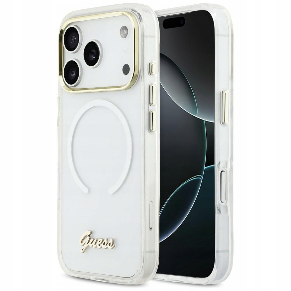 Pouzdro Guess IML Gradient Script Metal MagSafe pro iPhone 17 Pro, bílé