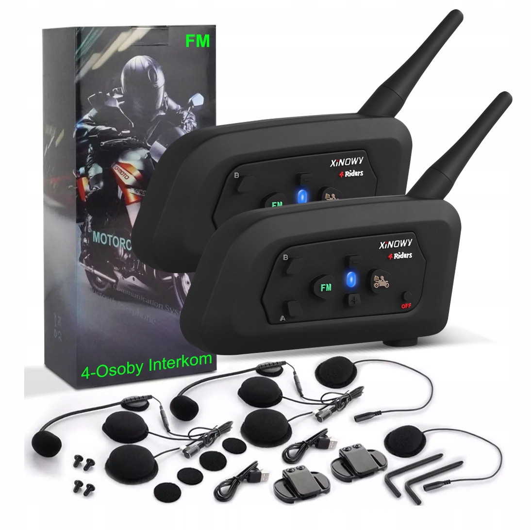 2X INTERKOM MOTOCYKLOWY FM 1200M 4 OSOBY BLUETOOTH 5.0 SŁUCHAWKI NA KASK
