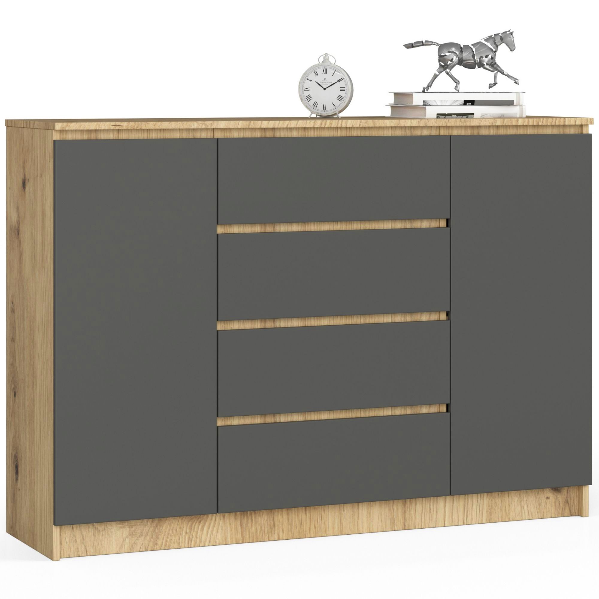 Komoda z półkami 140 cm 2 drzwi 4 szuflady pojemna Dąb Artisan Grafit Szary