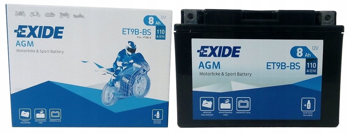 ET9B-BS - АККУМУЛЯТОР EXIDE BIKE MF AGM YT9B-BS 12V 8AH 110A