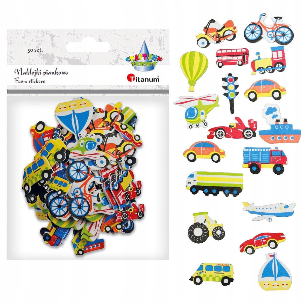 

Naklejki piankowe auta samolot transport 50szt mix