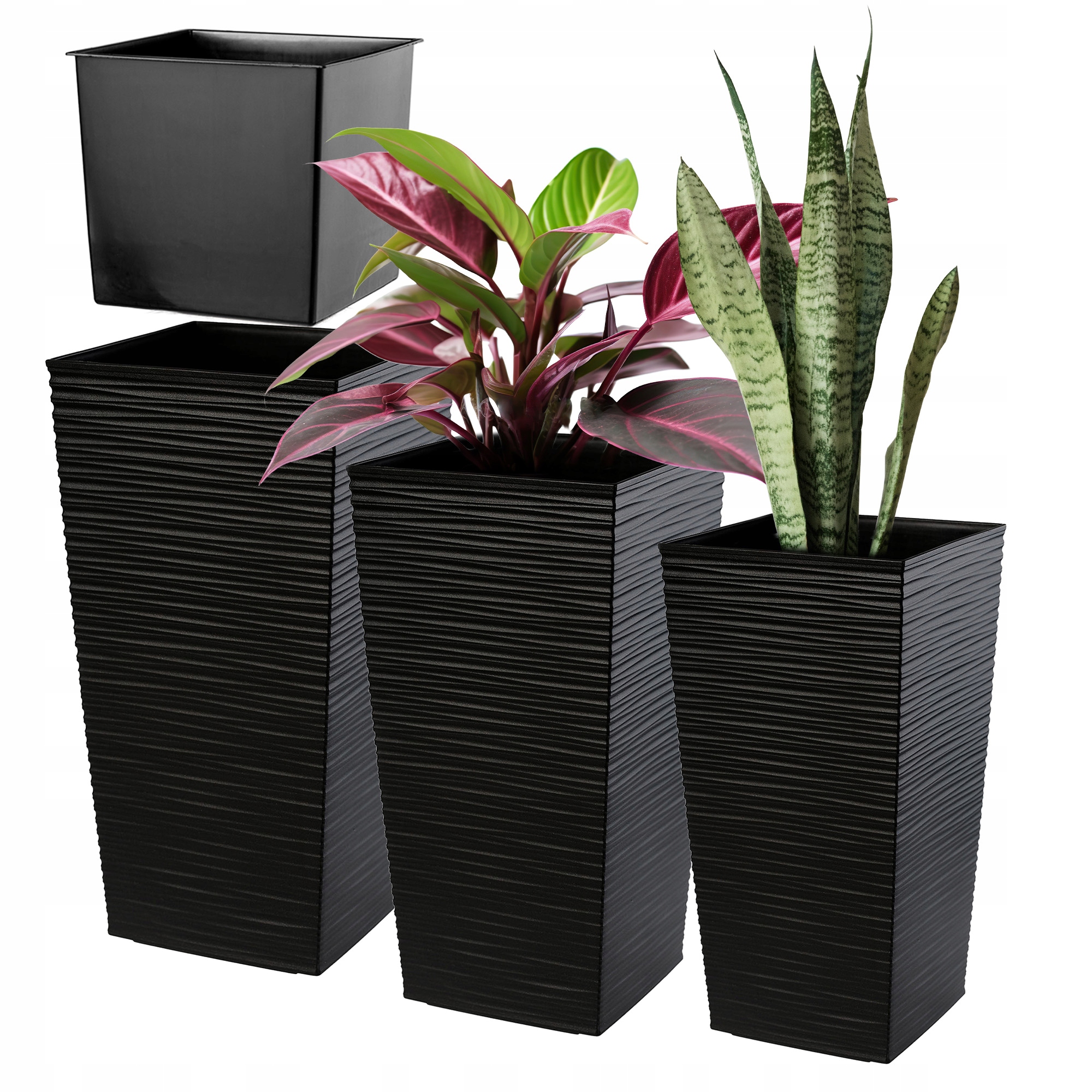 Sada 3ks Kvetináč Záhradný Vysoká Vložka Veľká Čierna 47+57+68 cm