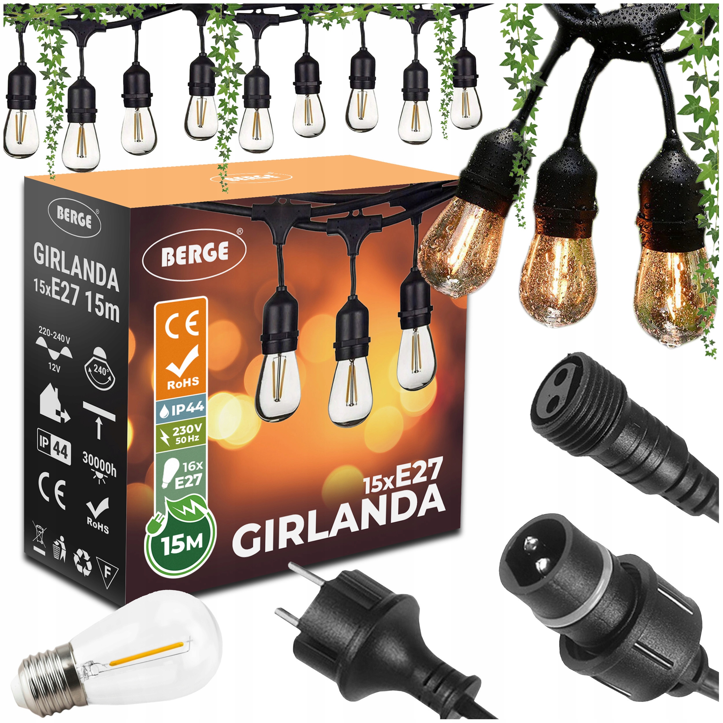 Zahradní girlanda Světelný Řetěz 15M 15xE27 Komplet s Led žárovkami IP44