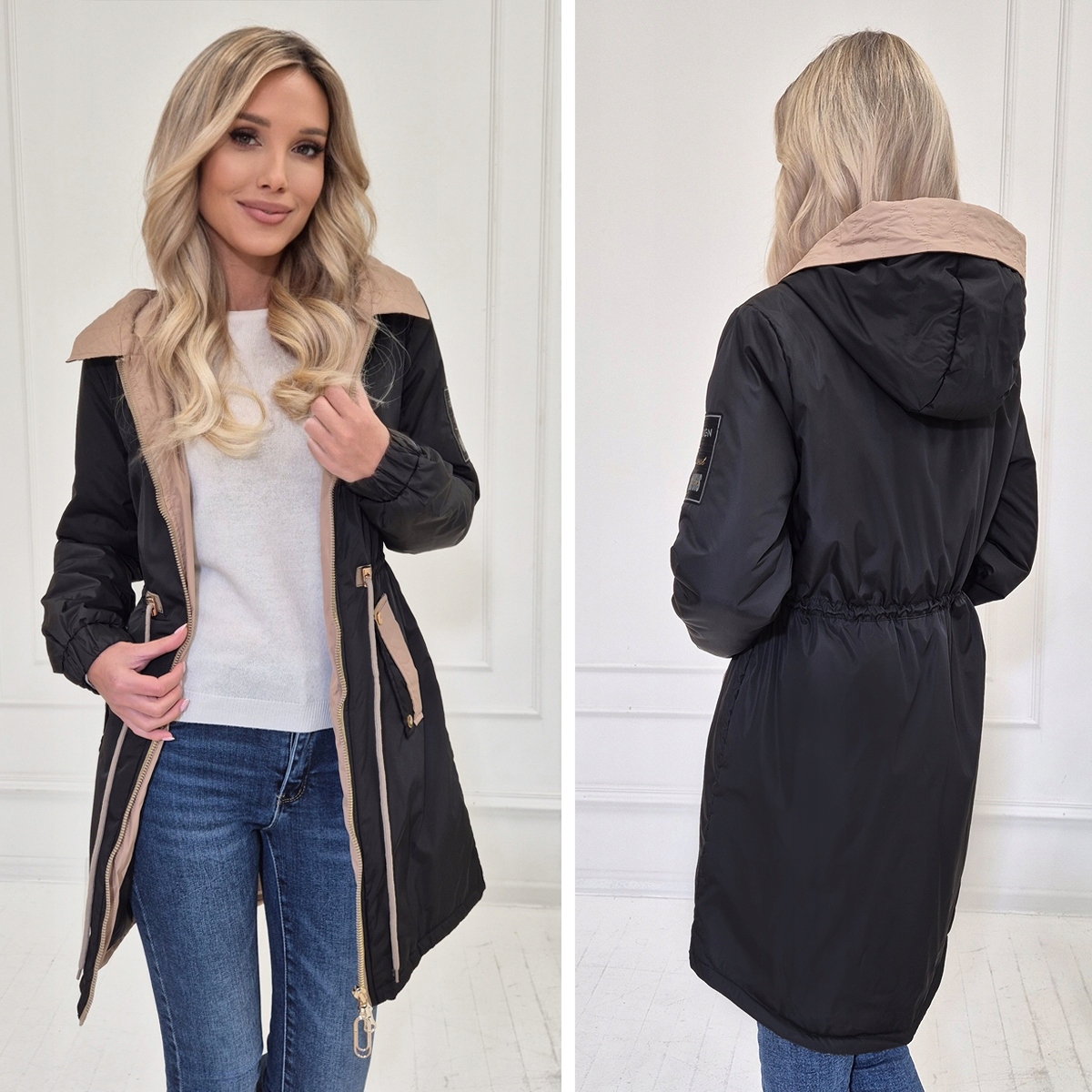 KURTKA DAMSKA_ŚCIĄGACZ W TALII_JESIENNA_PRZEJŚCIOWA Z KAPTUREM PARKA XXL Kolor wielokolorowy