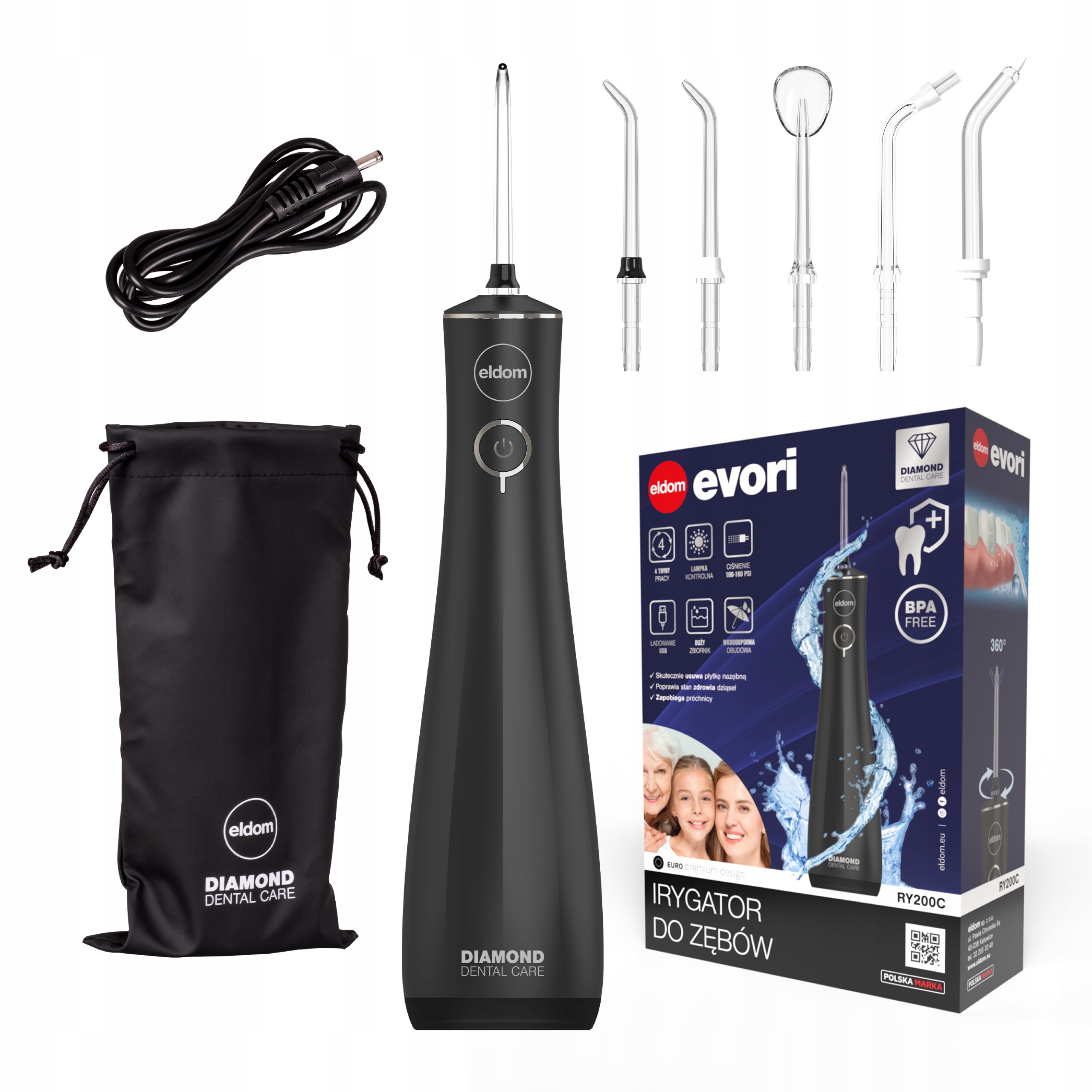 Irygator do Zębów Bezprzewodowy 4 Tryby 5 Końcówek IPX7 Eldom RY200C czarny