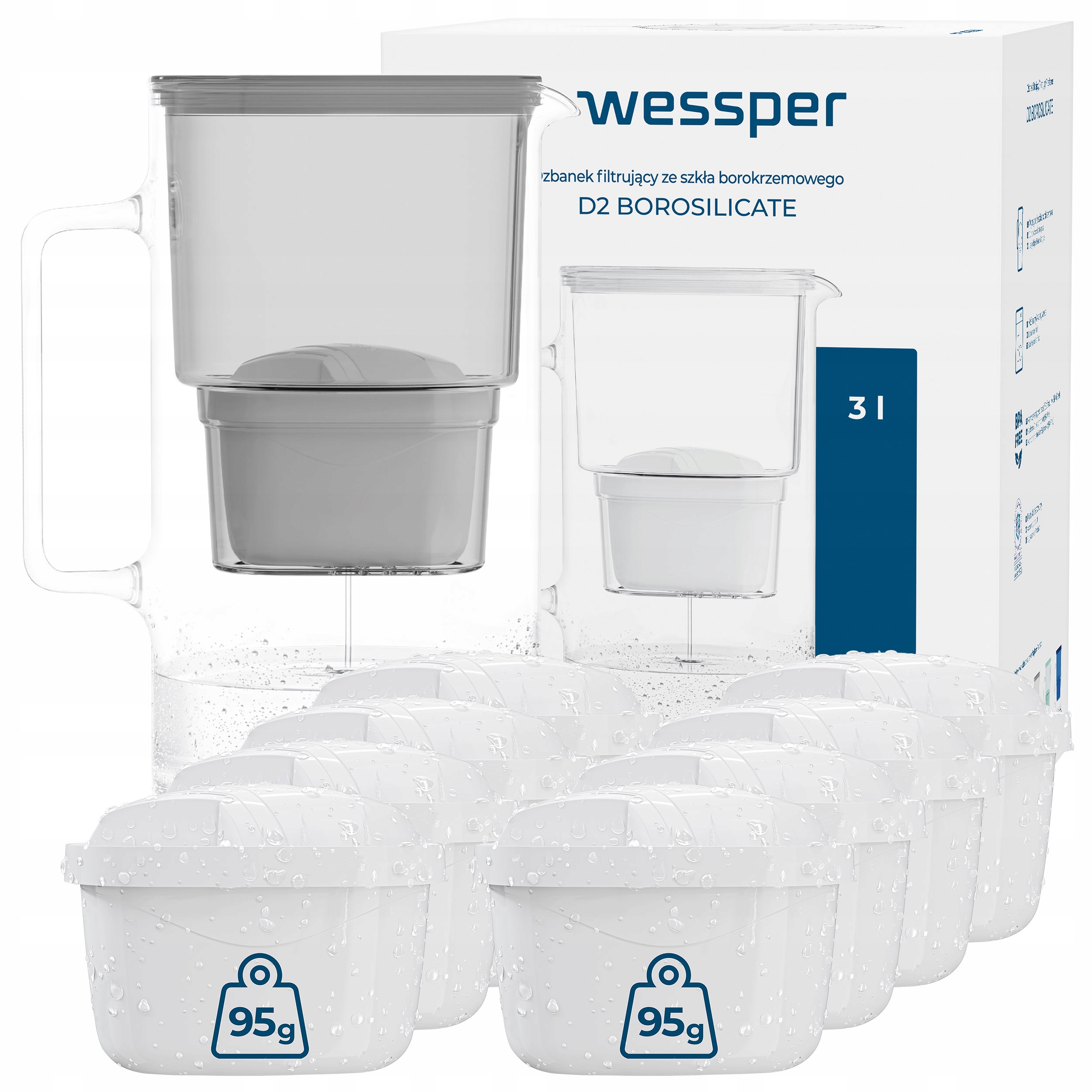 Filtrační konvice skleněná Wessper D2 Borosilicate 3 l 9 x filtr na vodu