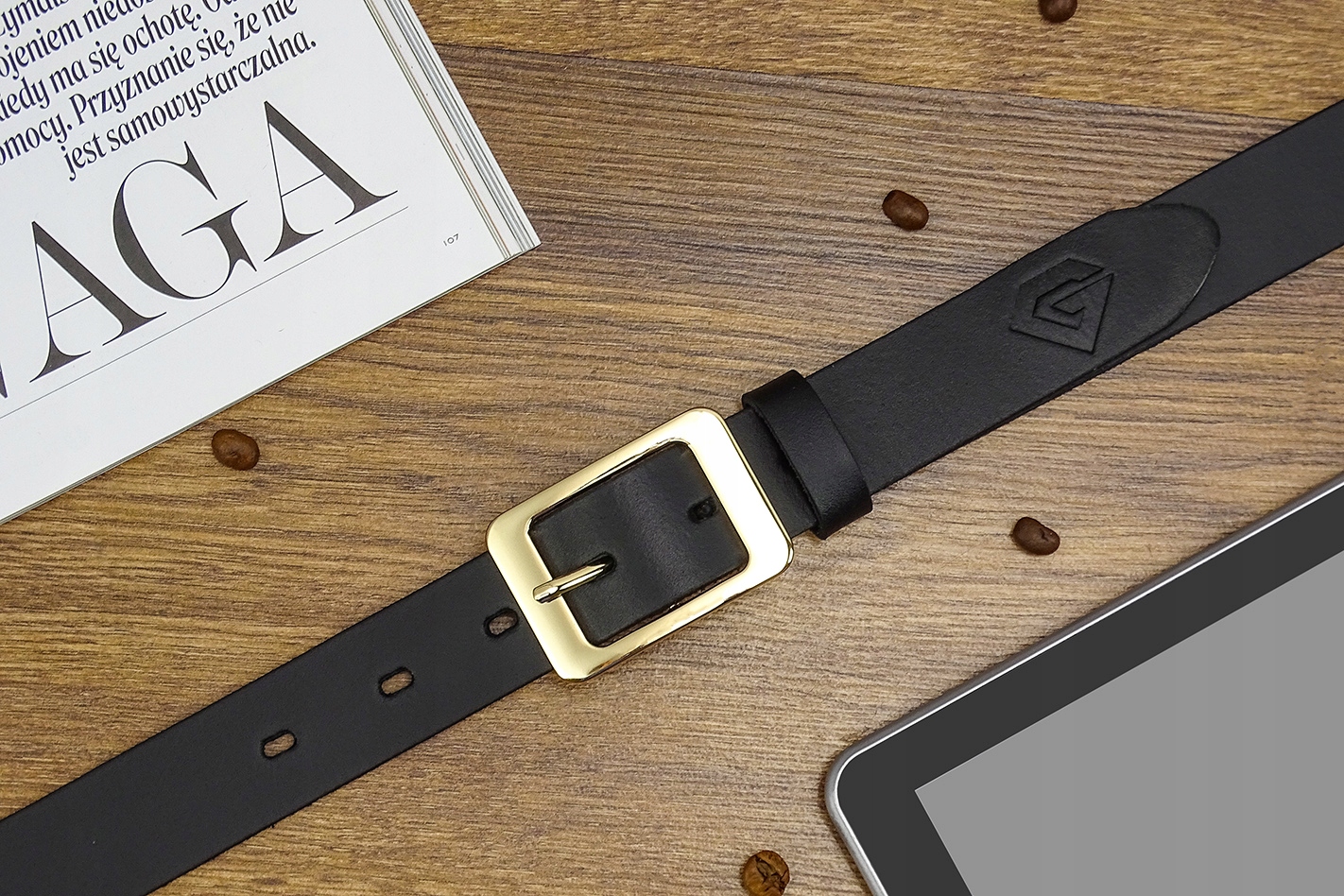 Damski skórzany Pasek Gracio KLAMRA ZŁOTA czarny Model TRS 01