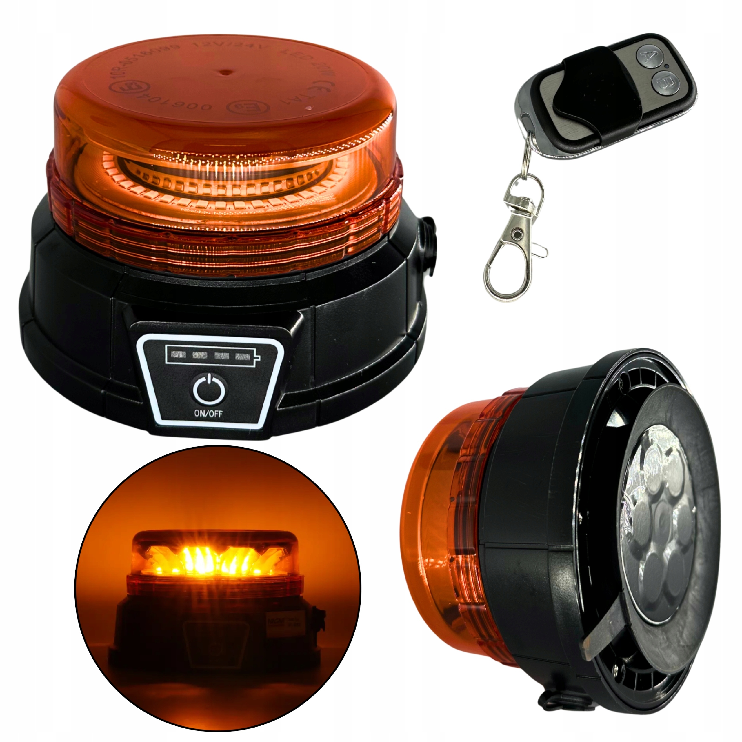 Výstražná Led lampa kohout 12-24V blesková magnet oranžová dálkové ovládání