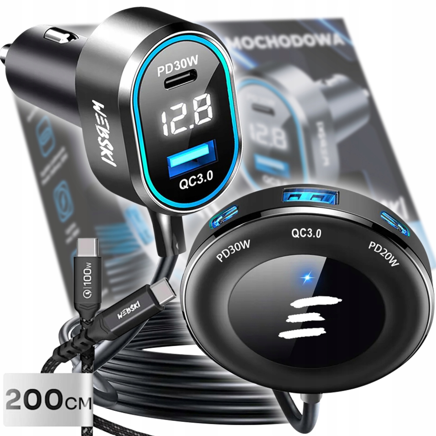 Automobilová Klip Na Sedadlo 98W 2xUSB 3xUSB-C LCD Kabel 200CM