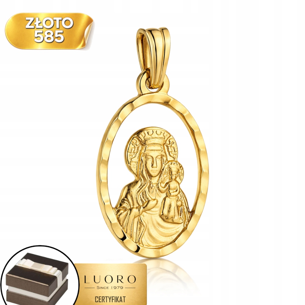 Zlatý Medailon 585 14K Panna Maria Čenstochovská Diamantový Ovál 2,6 CM