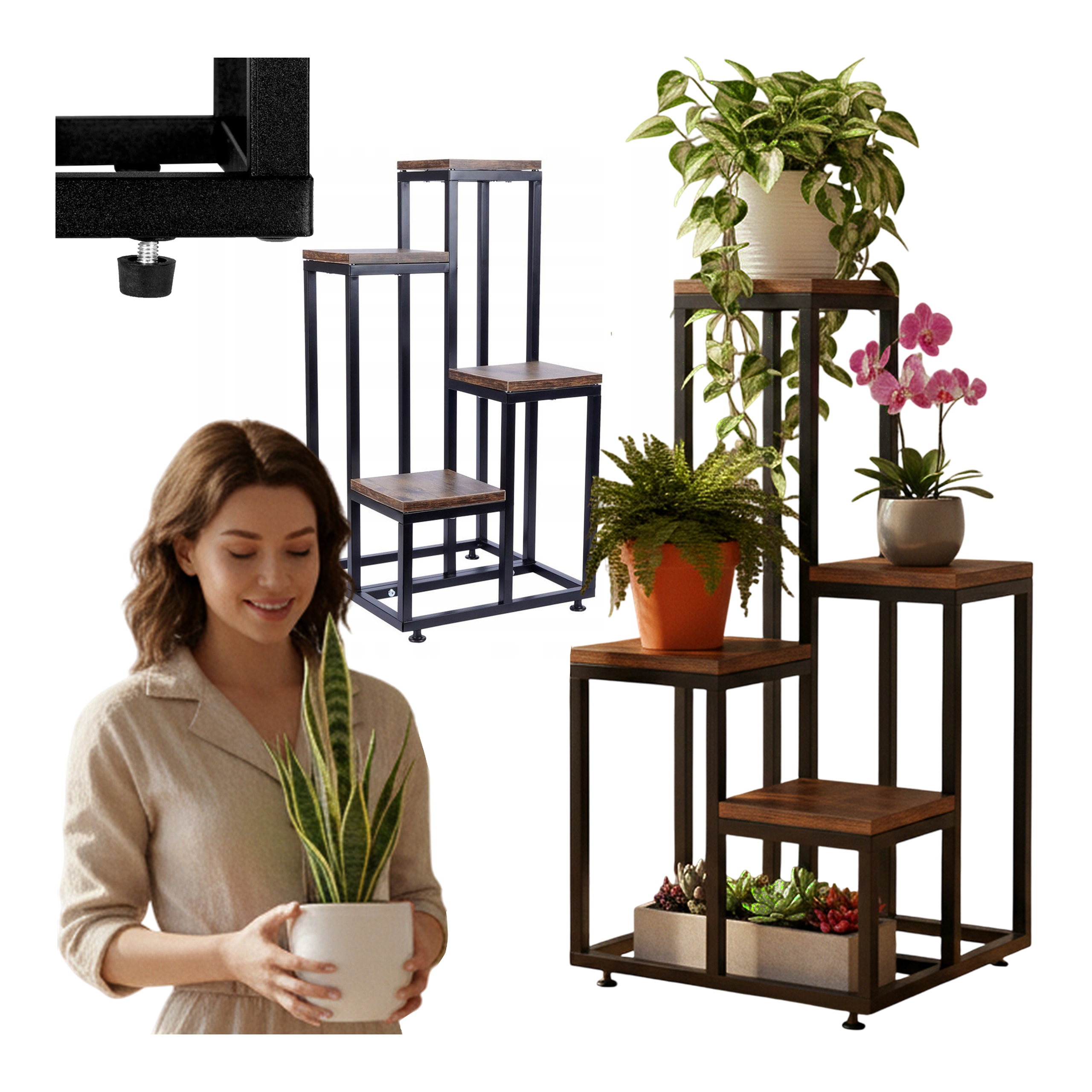 Držák Na Květináč Stojící Kovový Stojan Loft 4 Police Dub na květiny Regál 34x67 cm