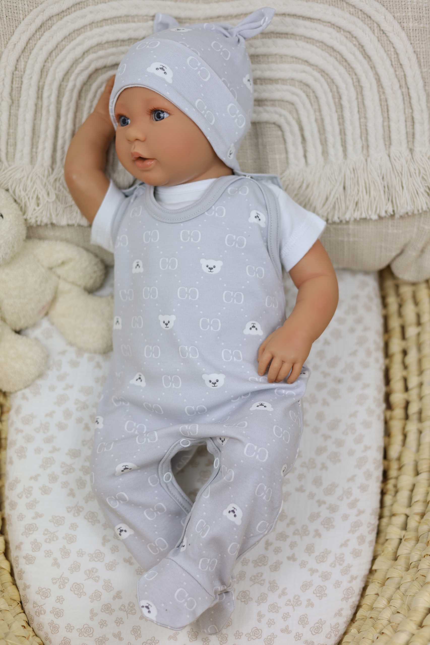ŚPIOCHY NIEMOWLĘCE ŚPIOSZKI BAWEŁNIANE ROZPINANE r.56 GRAY BABY BEAR /51/ Rozmiar (new) 56 (51 - 56 cm)