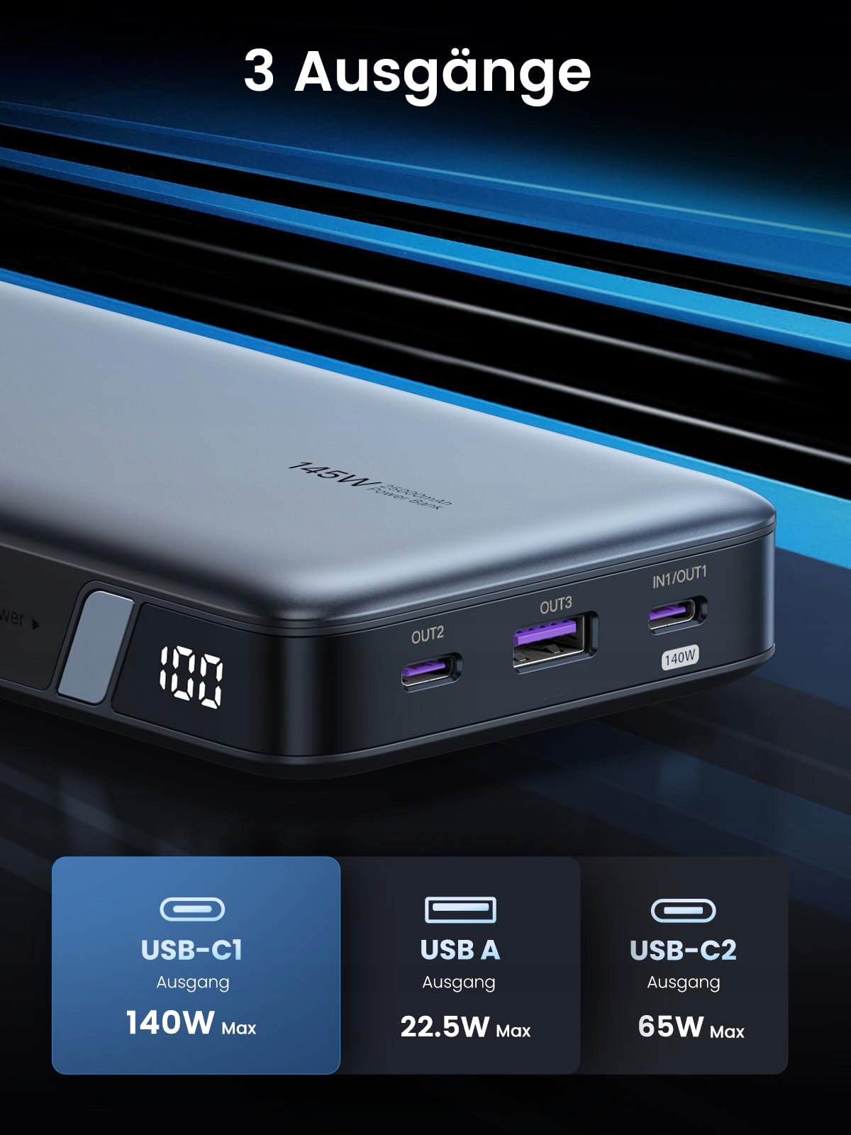 UGREEN Nexode Power Bank 145W 25000mAh 3 Porty USB C LED Display — miniatura 4