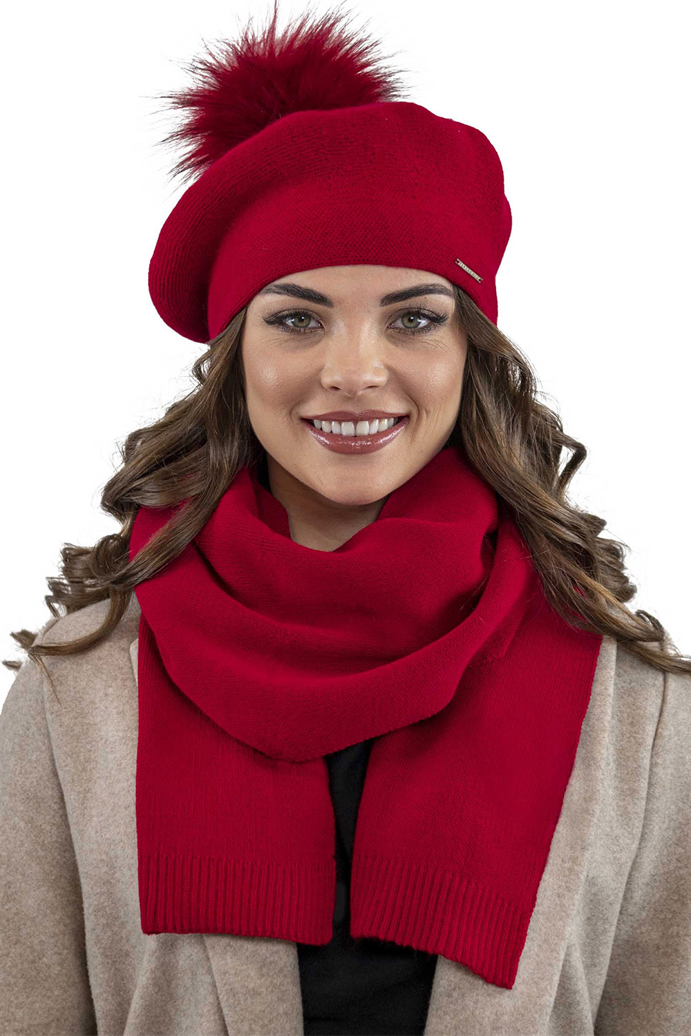 Beret s Pomponem a Šálou teplý komplet červený Vivisence 7035 Kmpl