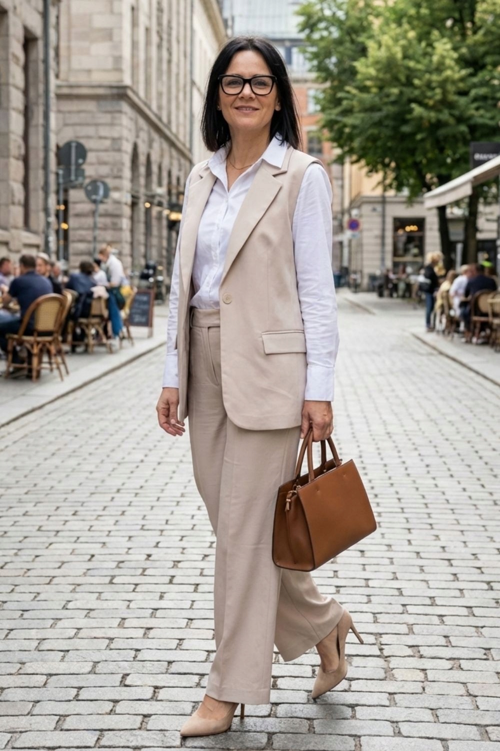 Dámský komplet Elegantní béžová vesta kalhoty Italský styl Uni