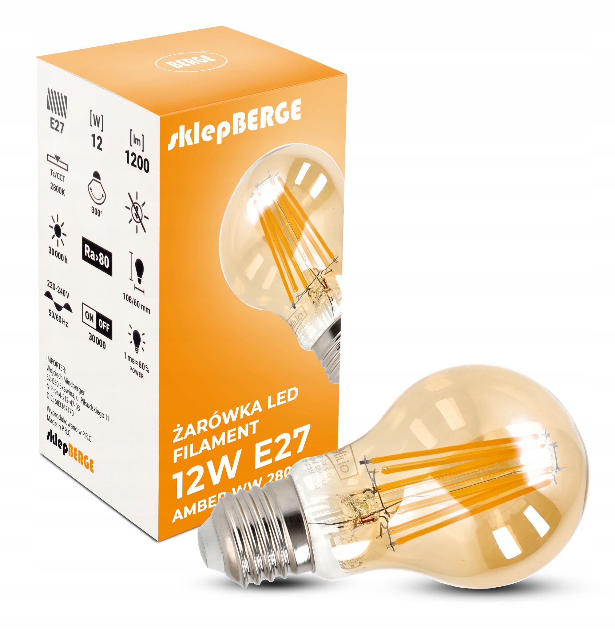 

Żarówka Led E27 Filament 12W A60 Amber 1200lm