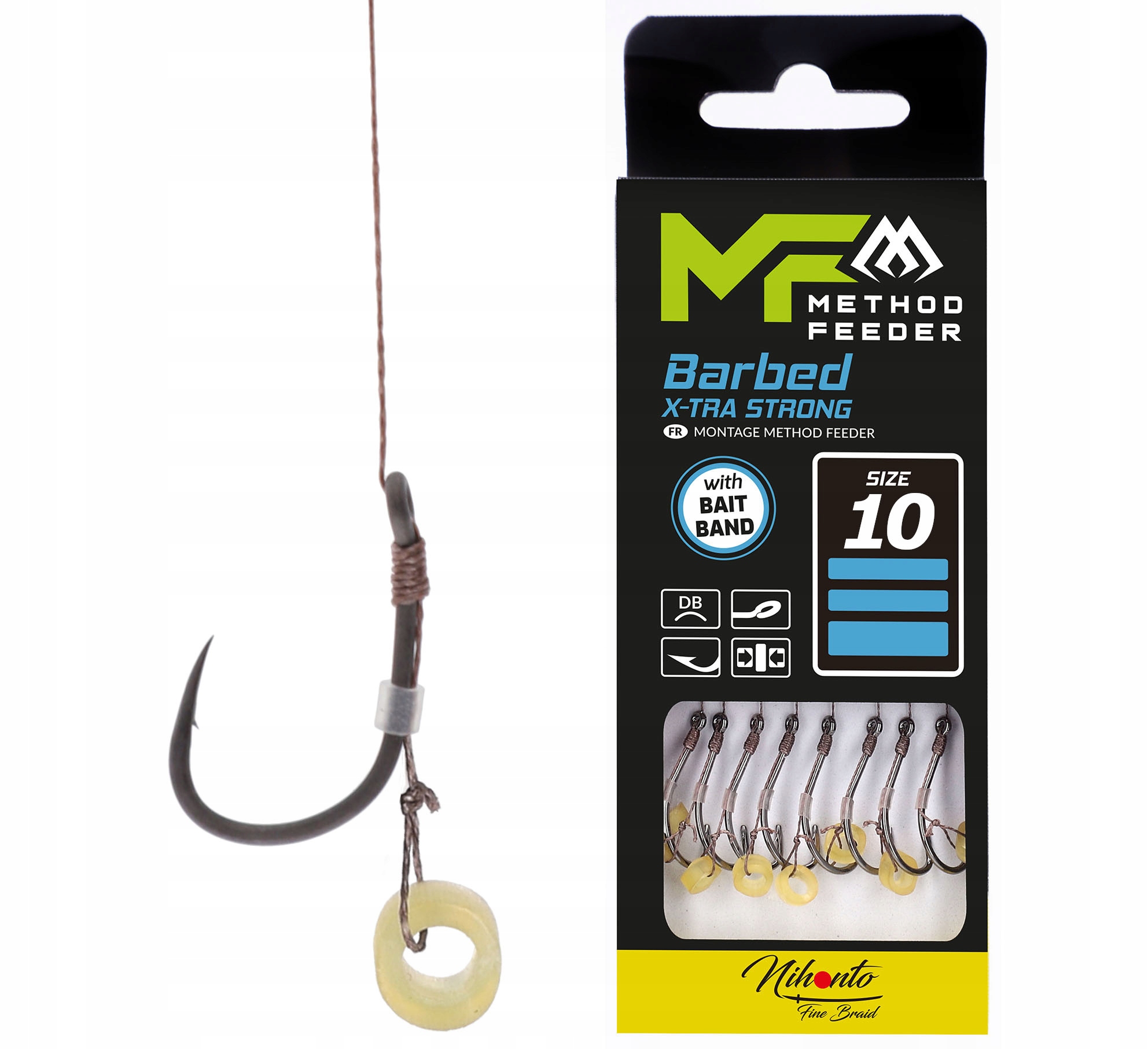 Haczyki 10 X-tra Strong z przyponem gumka plecionka Mikado Method Feeder